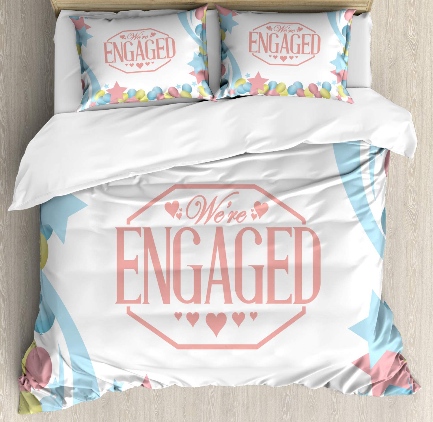Ambesonne Engagement Party Duvet Cover Set - Vintage Balloons & Stars Design, 2-Piece King Size Bedding with 4 Pillowcases in Pink, Blue & Green - Perfect for Engagement Celebrations, Bridal Showers & Newlywed Home Decor