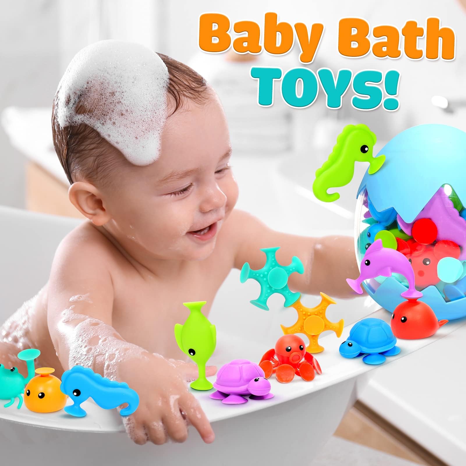 Suction Bath Toys for Kids - Fine Motor Window Toys, Silicone Ocean Animal Suction Cup Toys with Dinosaur Eggshell, Sensory Travel Toys for Toddlers, Autism/ADD/ADHD Friendly - Perfect for Bathtime Fun, Car Windows, and Sensory Play Therapy