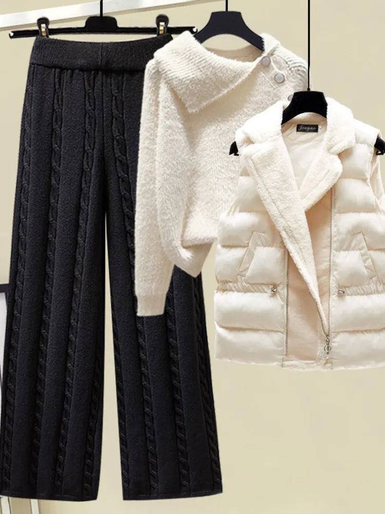 2024 Winter Warm 3-Piece Knit Outfit Set for Women - Cozy Knitted Sweater, Soft Lamb Wool Vest & Stylish Wide-Leg Twist Pants | Perfect for Casual Wear, Office Outfits & Winter Fashion