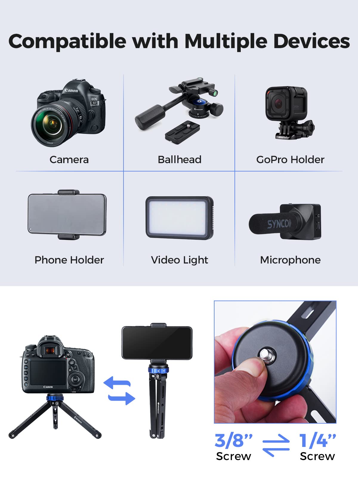Moman Mini Tripod for Camera - Compact Aluminum Tabletop Tripod with 1/4 & 3/8 Screw Mount, 80kg Load Capacity (Blue Black) - Perfect for Travel, Vlogging, DSLR & Mirrorless Cameras