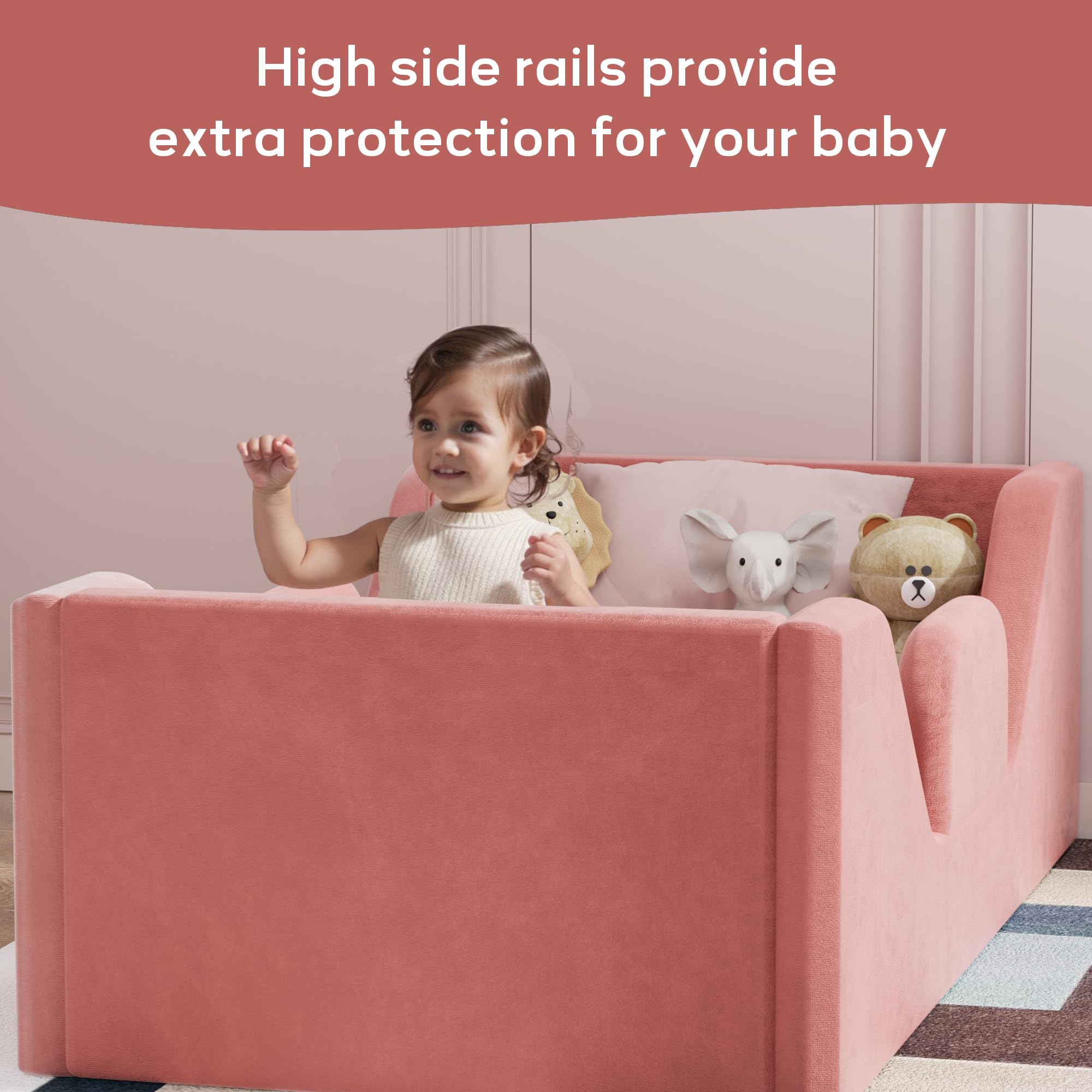 **Toddler Floor Bed with Guard Rails - Safe & Certified Small Bed for Kids Boys & Girls Ages 2-6 Years (Pink) - Perfect for Montessori Bedrooms & Kids' First Big-Kid Bed**