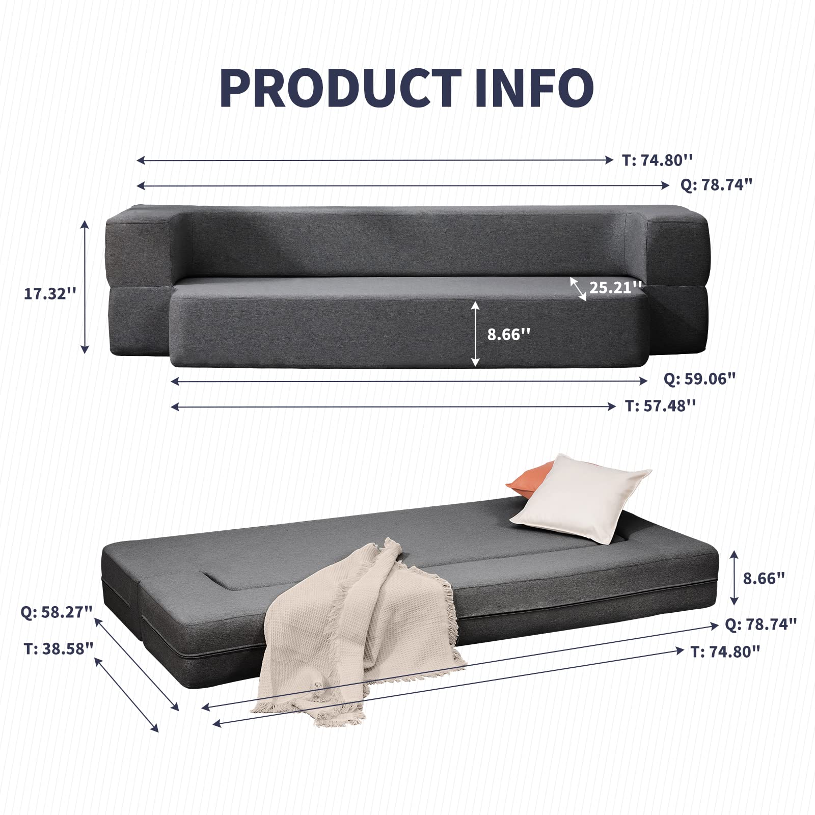 Twin Folding Sofa Bed with Memory Foam Mattress - 8.6