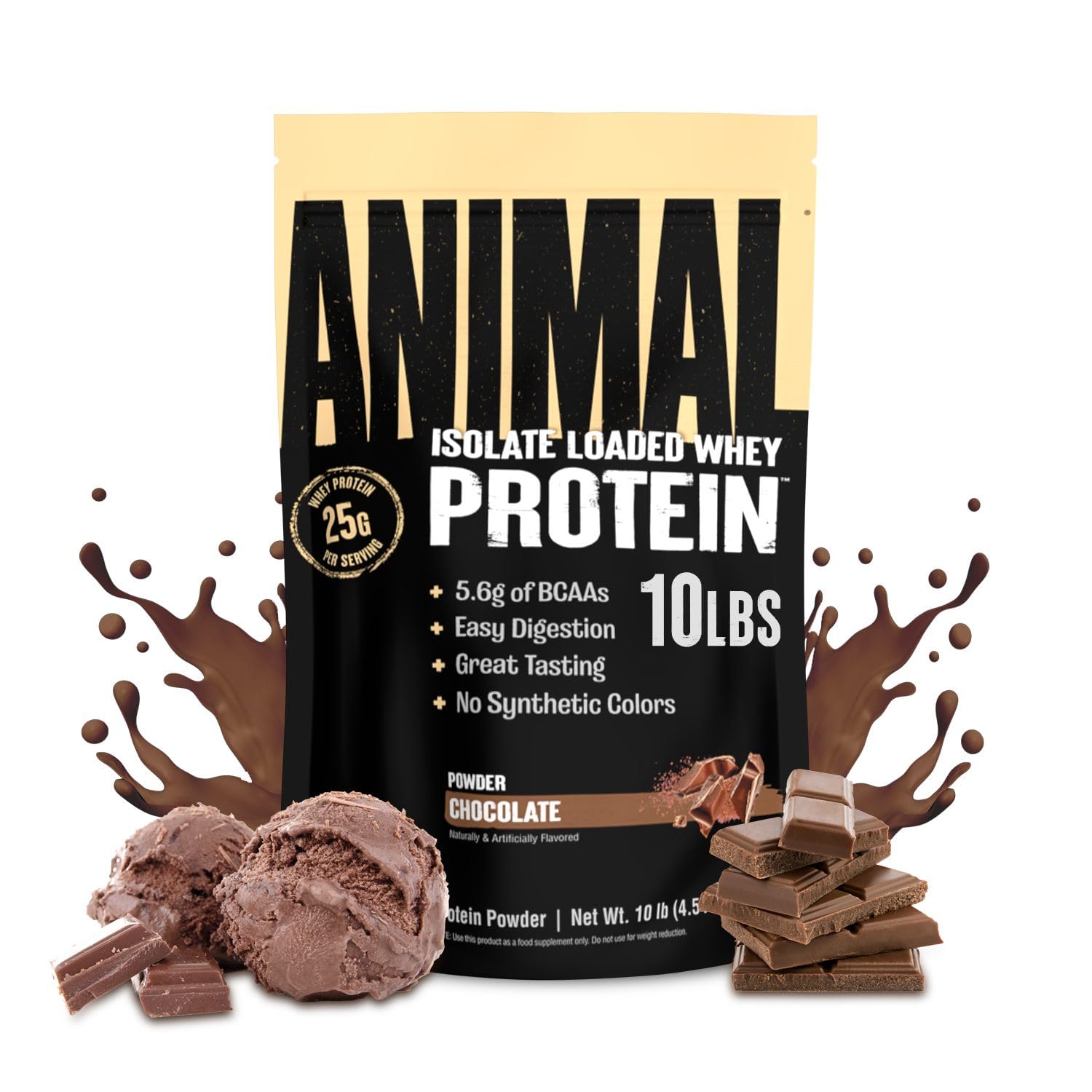 Animal Whey Isolate Protein Powder - 25g Protein for Pre & Post Workout Muscle Building & Recovery with Digestive Enzymes - Low Sugar, Great Taste Chocolate Flavor (10 lbs) - Ideal for Gym, Bodybuilding & Fitness Enthusiasts