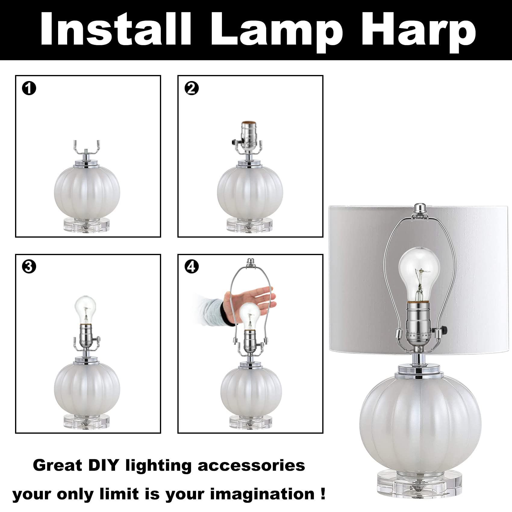 7 Inch Heavy Duty Lamp Shade Holder Kit with Solid Finial Caps - 2 Pack Nickel Lamp Harp Holder with 3/8