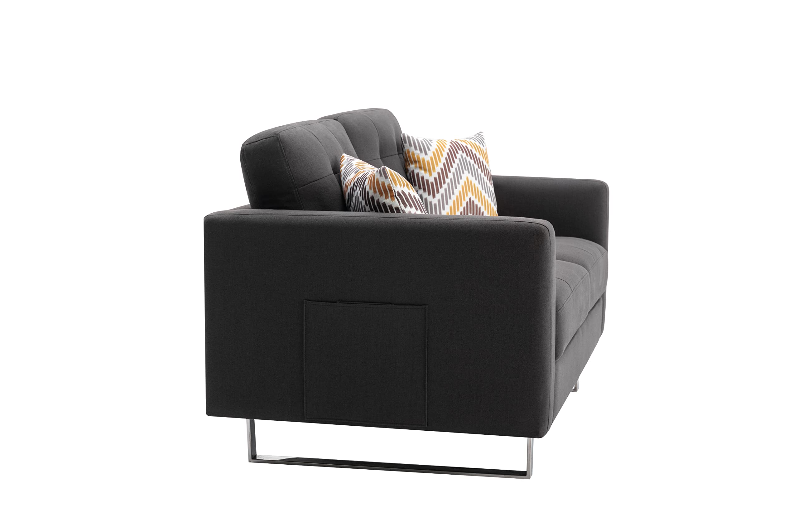Lilola Home Victoria Dark Gray Linen Fabric Loveseat with Metal Legs, Side Pockets & Throw Pillows - Modern Small Space Sofa for Living Room, Apartment, Dorm or Office