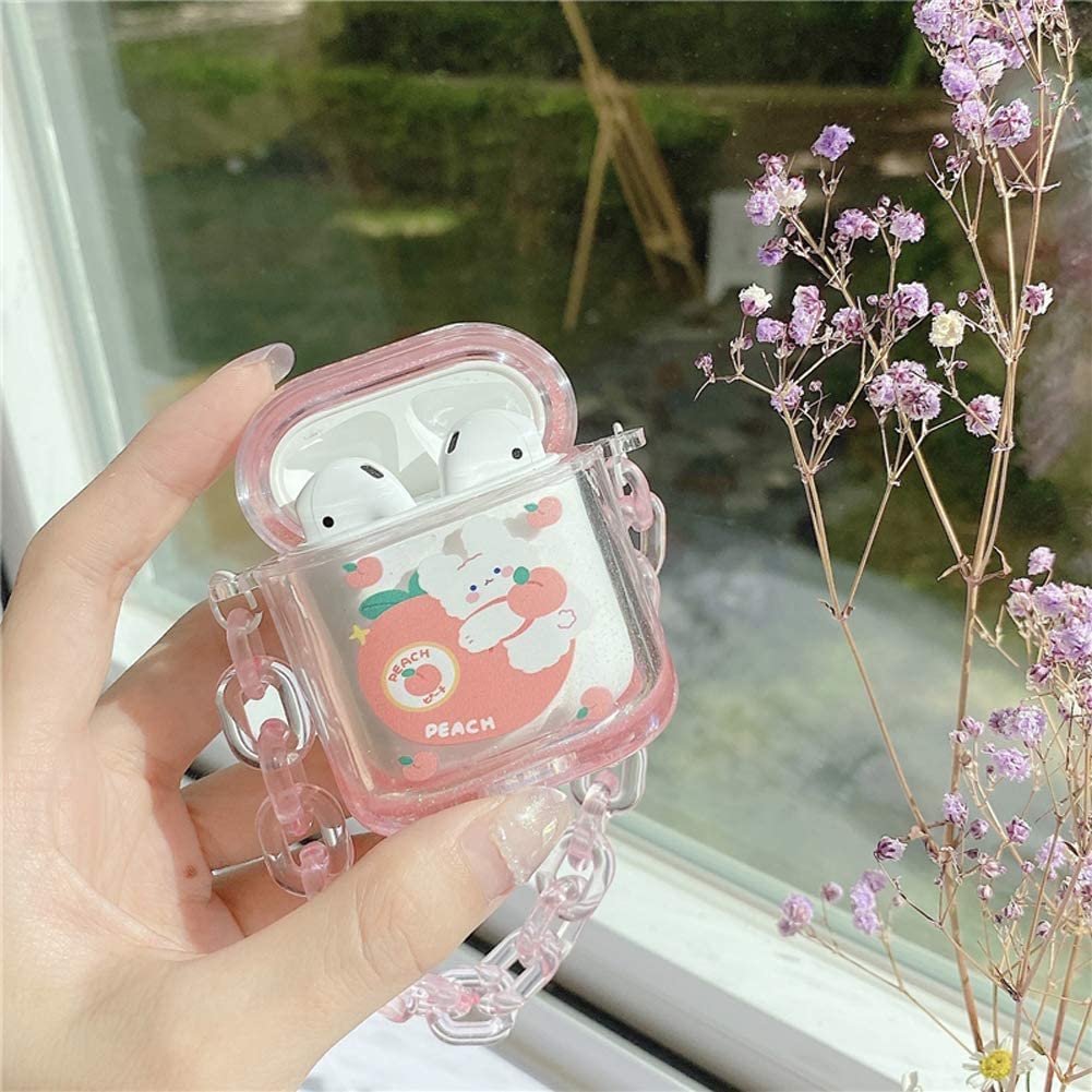 Cute Kawaii Clear Liquid Sequins AirPods 3 Case - Hard Protective Cover with Color Chain for Wireless Charging | Bunny Peach Design for Teens Girls & Women | Perfect for School, Travel & Everyday Use