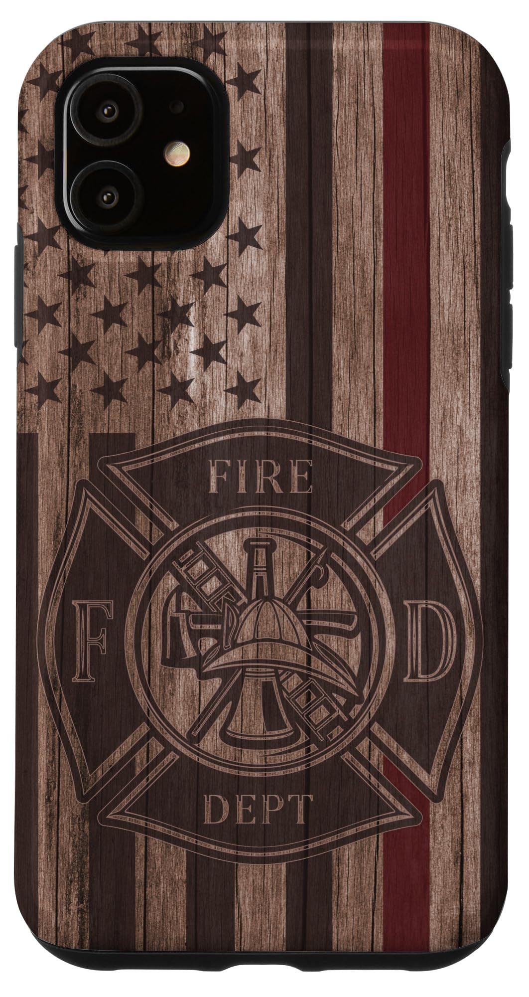 iPhone 11 Case - Wooden Firefighter Thin Red Line American Flag Design - Durable Protective Phone Cover for US Firefighters & First Responders - Perfect Gift for Fire Department Heroes (Work, Daily Use, Emergency Response)