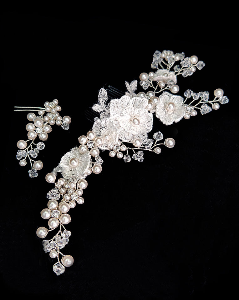Elegant 3D Lace Floral Pearl Bridal Hair Vine & Floral Pin - Luxury Wedding Headpiece by Kezani | Perfect for Brides, Bridesmaids, and Special Occasions