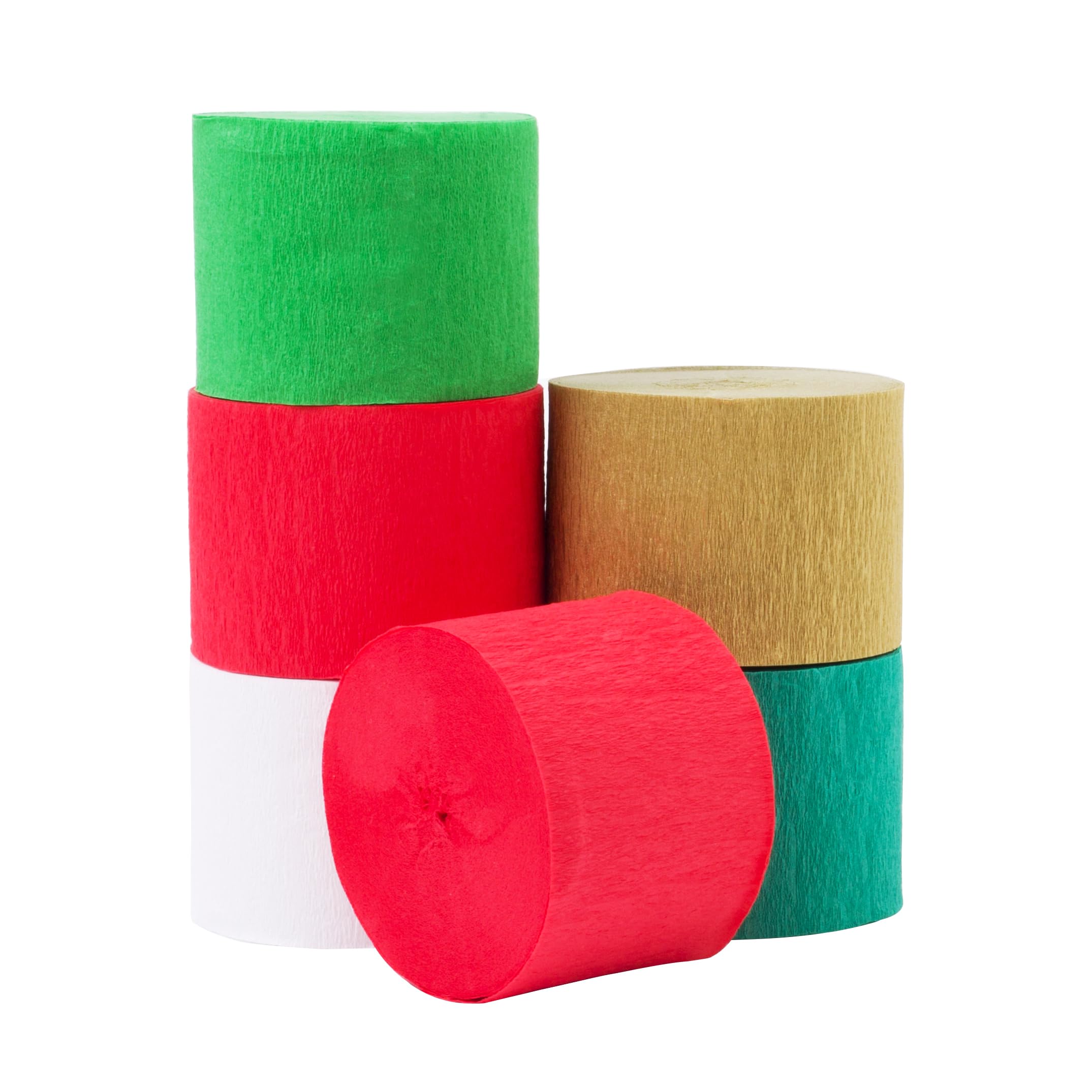 Suaxova 6 Rolls Crepe Paper Streamers - 492ft Party Decorations (Red, Green, White, Gold) for Christmas, Birthday, Baby Shower & Wedding Decor | 1.8