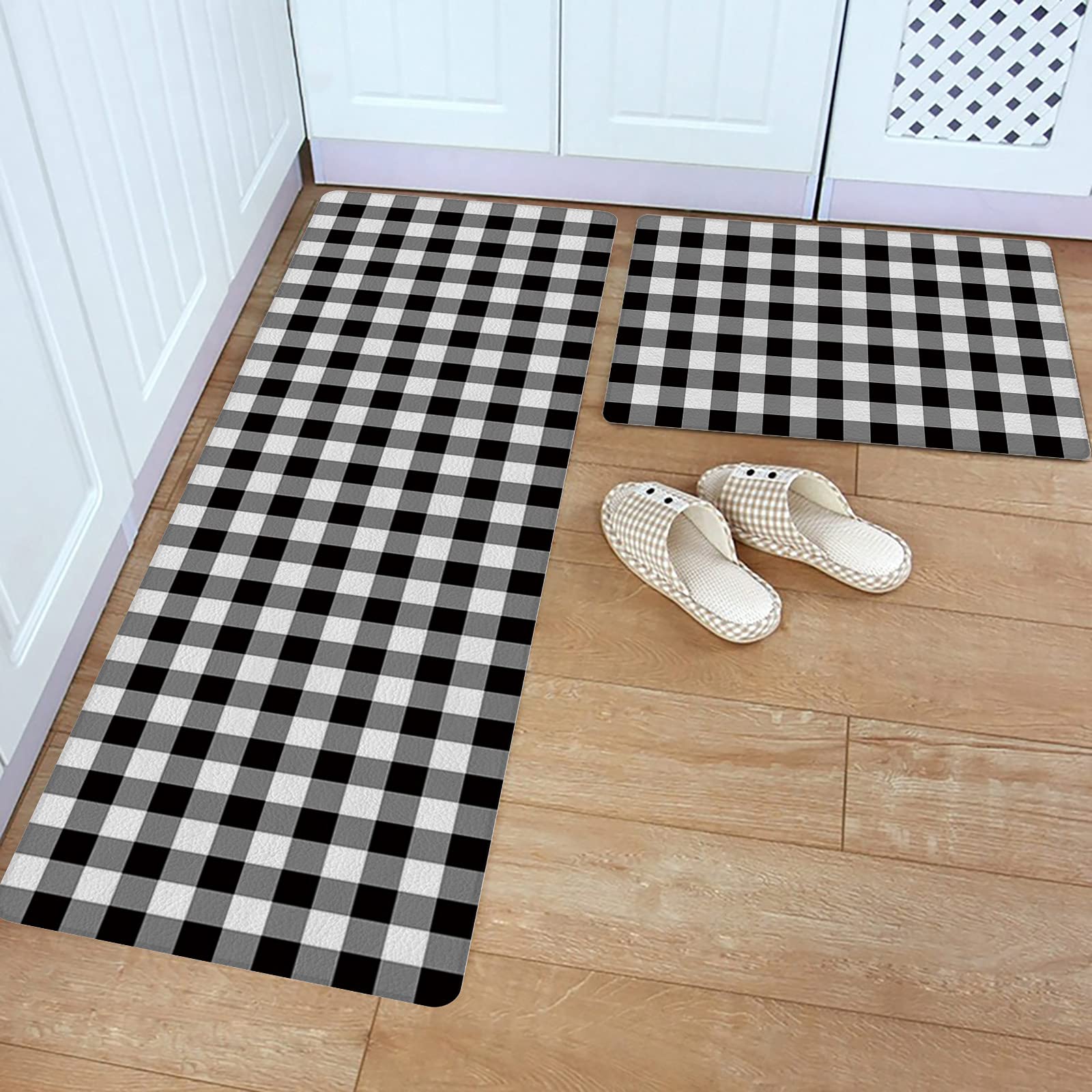 Non-Slip PVC Kitchen Rug Set - Buffalo Check Anti-Fatigue Mat for Cooking & Laundry