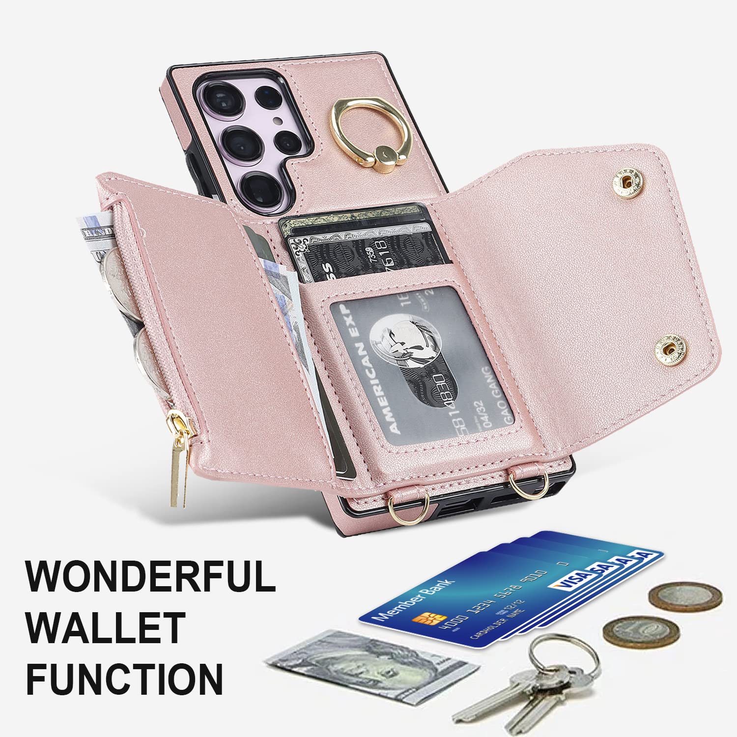 UEEBAI Samsung Galaxy S24 Ultra 5G Wallet Case with Card Slots, Zipper Pocket & Kickstand - Crossbody Phone Purse with Removable Wrist Strap (Rose Gold) - Perfect for Travel, Shopping & Everyday Use