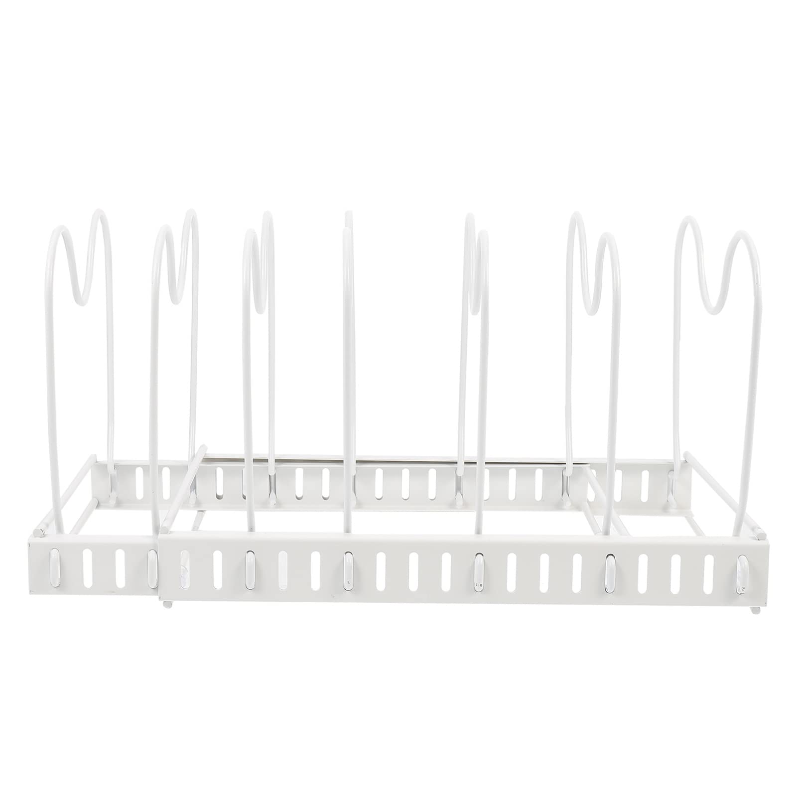 Angoily Expandable Metal Pot Lid Organizer - Adjustable Kitchen Storage Rack for Pan Lids, Cutting Boards & Bakeware - Space Saving White Holder for Stovetop, Countertop & Cabinet Organization (Perfect for Small Kitchens & Apartment Cooking)