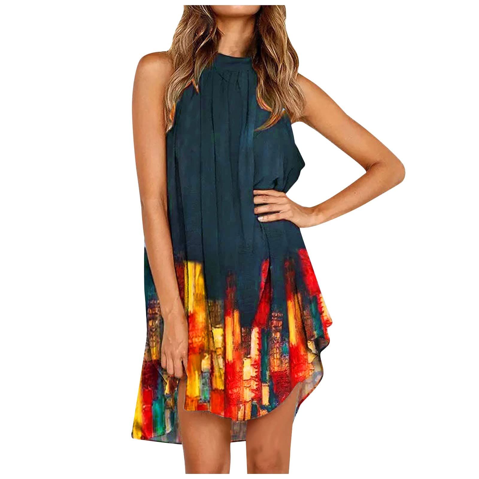 Women's Halter Dresses - Floral Print Summer Swing Dress, Sleeveless Flowy Midi Dress for Beach, Vacation & Casual Wear | Perfect for Pool Parties, Tropical Getaways and Summer Outings