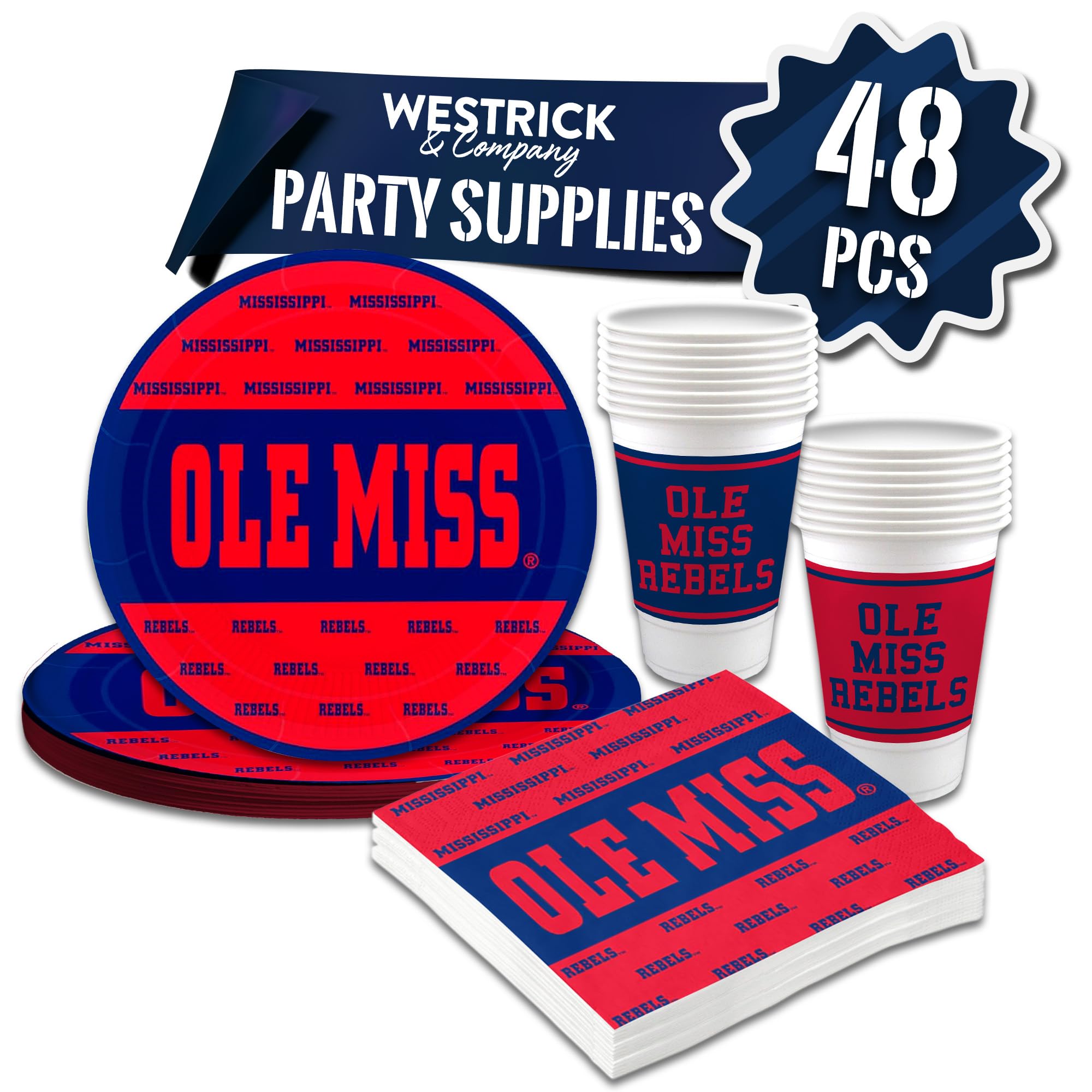 Official Ole Miss Party Supplies Set - 48 PCs (16 oz. Plastic Cups, 9
