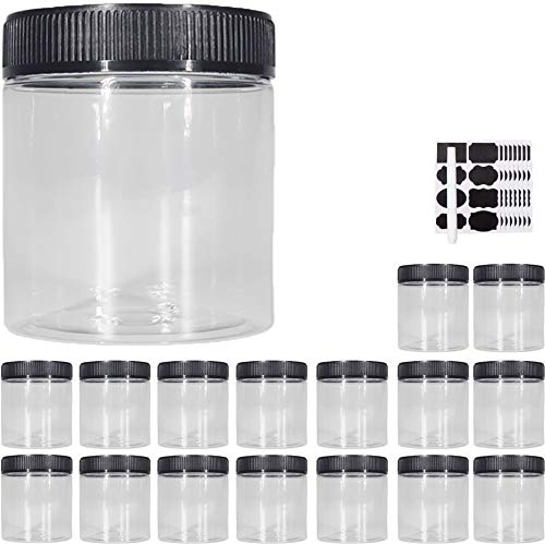 16oz Clear Plastic Jars with Lids - Airtight Food Storage Containers for Dry Food, Peanut Butter, Honey Jam, Cream | Bathroom & Kitchen Organization (Set of 16) - Perfect for Pantry, Spice Storage & Travel Snacks