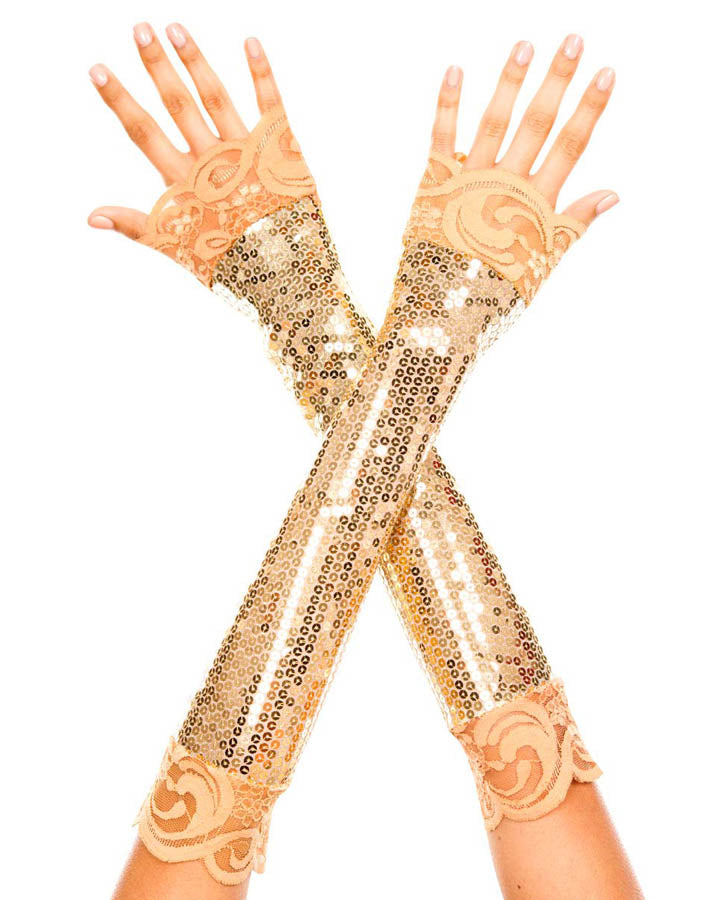 Vintage 80s Gold Sequin & Lace Gloves for Women - Retro Party Accessories for Halloween, Cosplay, and Burlesque Performances