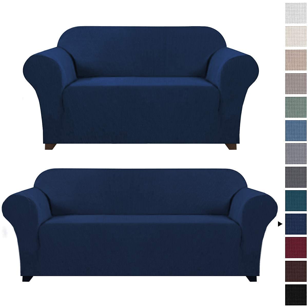 Stretch Loveseat Cover Sofa Slipcover Set - Plaid Pattern Furniture Protector | Removable & Washable Navy Blue | Perfect for Living Room, Dorm, or Office