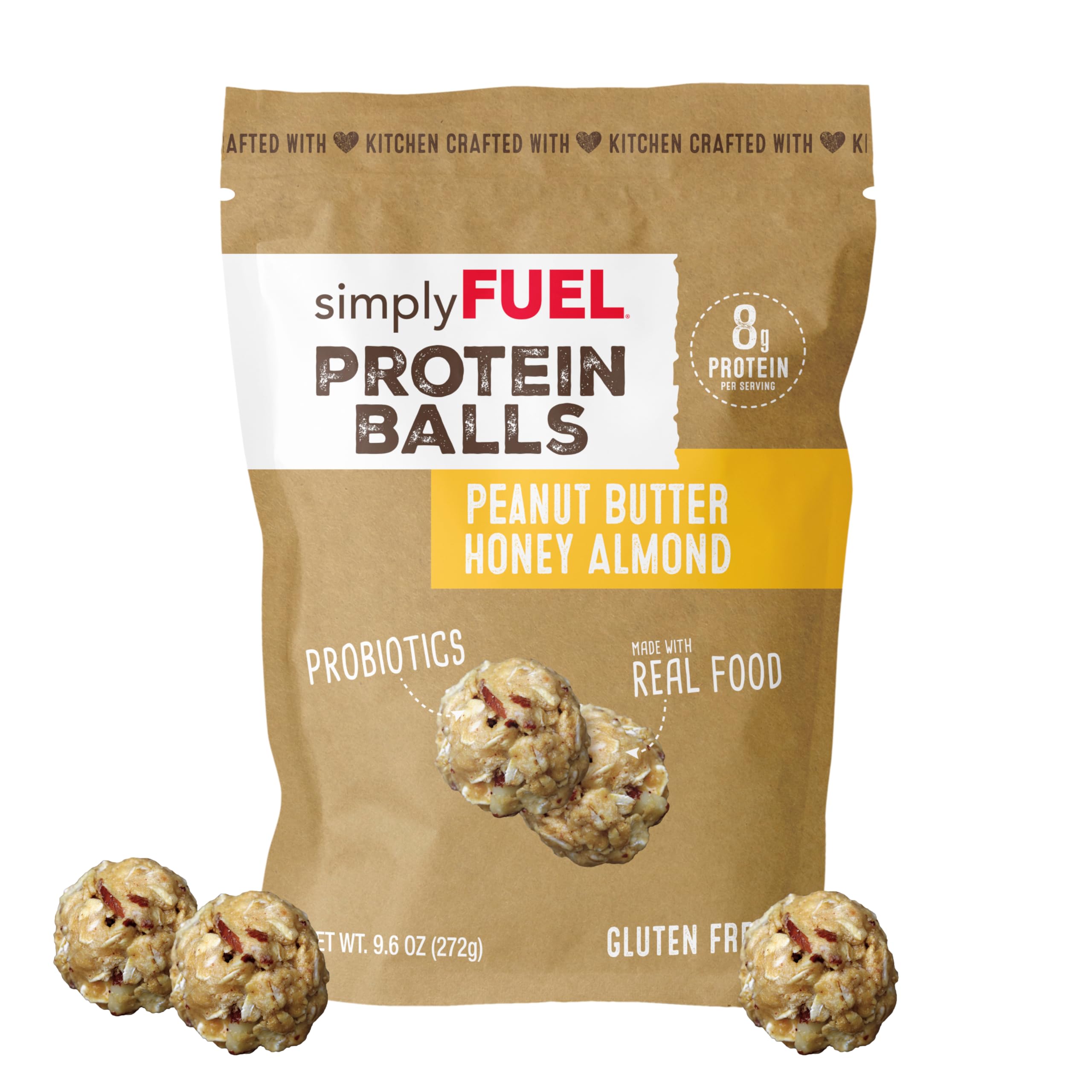 SimplyFUEL Whole Food Protein Balls with Probiotics - Peanut Butter Honey Almond Snacks - 8g Protein, Gluten Free Energy Balls (12 Pack) - Healthy On-the-Go Snack for Workouts, Hiking & Office Breaks