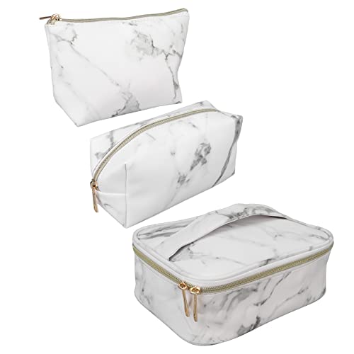 3-Piece Waterproof PU Leather Makeup Bag Set - Travel Toiletry & Cosmetic Organizer with Zipper, Marble White - Perfect for Travel, Gym, and Daily Storage