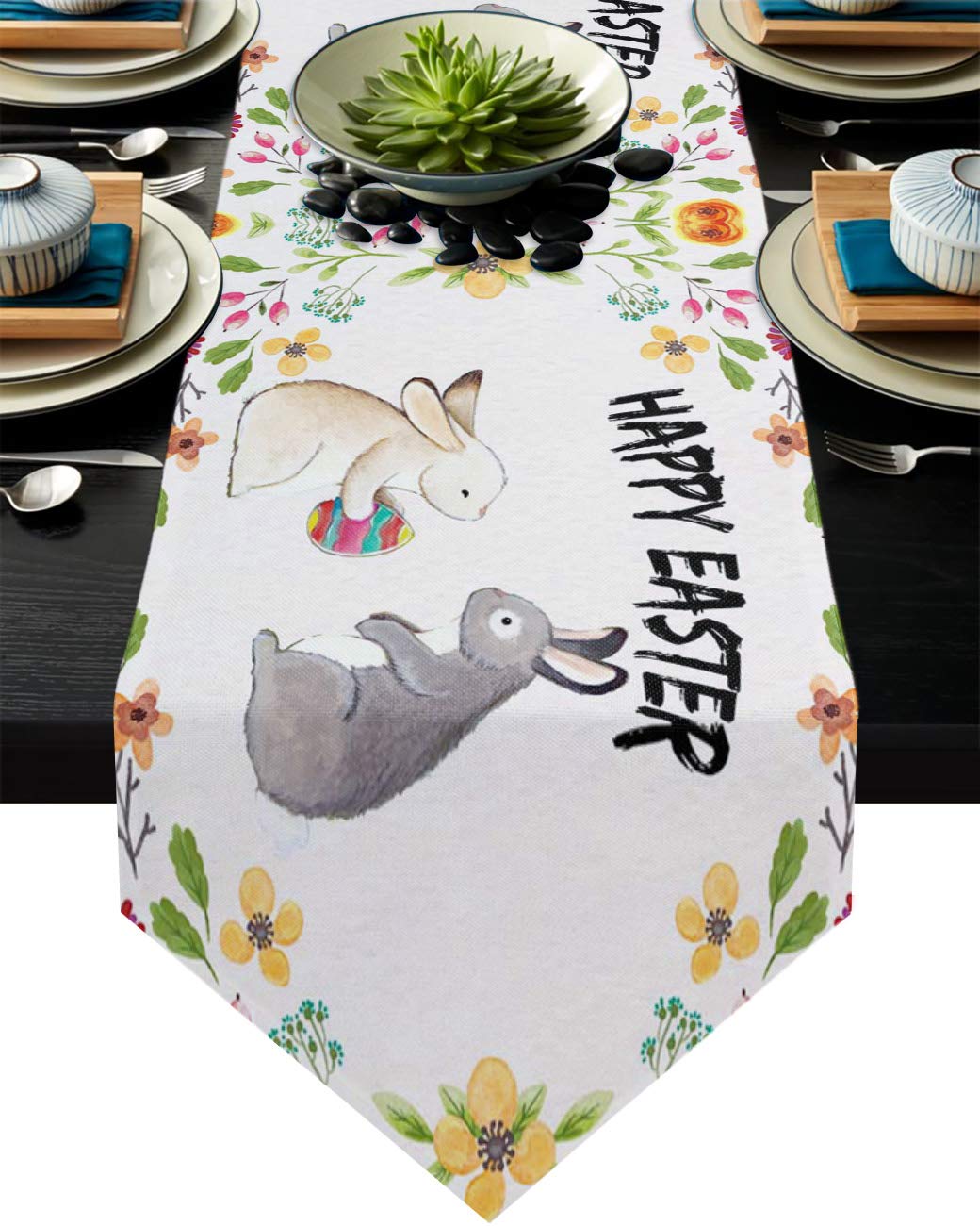 Easter Table Runner - Cute Bunny & Floral Pattern Decorative Scarf for Spring Dinner Table, Kitchen & Dining Room Decor - 13x90 Inch - Perfect for Easter Party, Holiday Gatherings & Home Decor