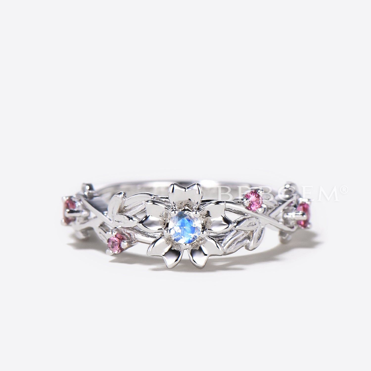 Twisted Round Moonstone Floral Engagement Ring - Nature Inspired Tourmaline Bridal Set for Wedding, Proposal & Anniversary Gifts | Handmade Sterling Silver Jewelry for Women