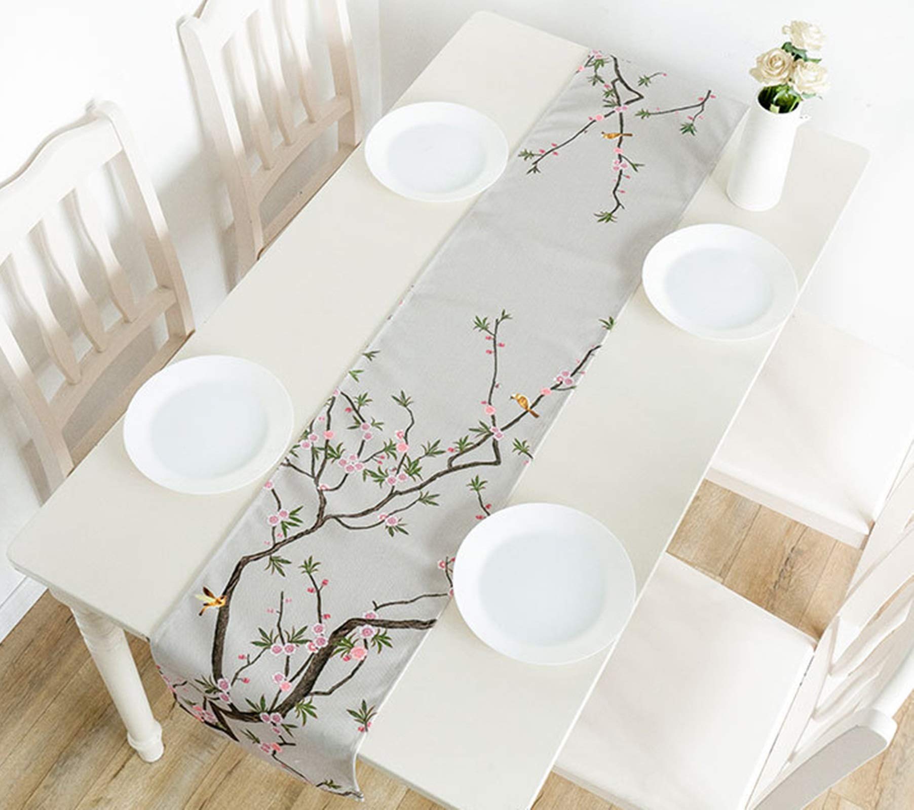Elegant Grey Pink Polyester Table Runner with Plum Blossom & Bird Design - 13