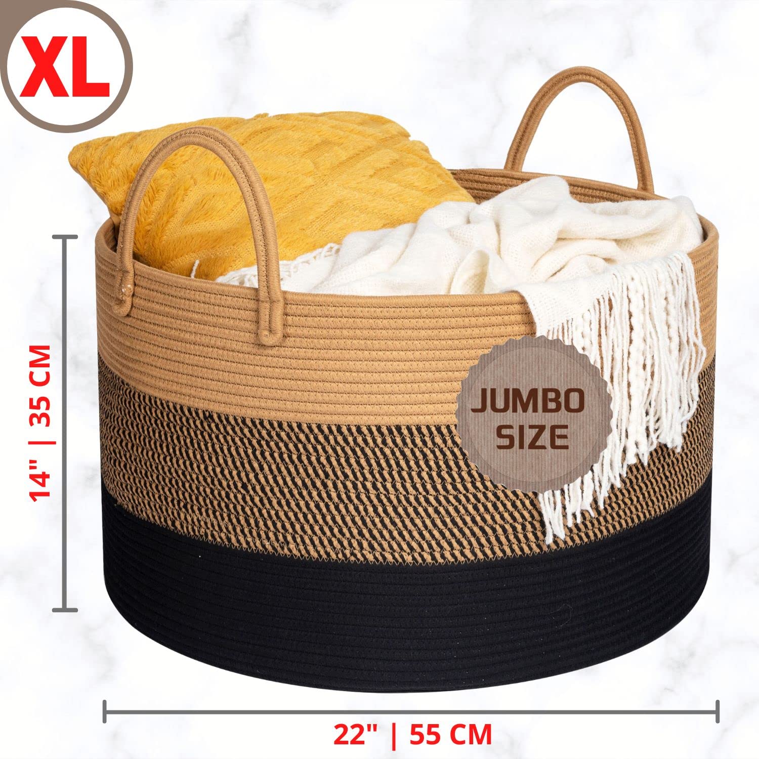 MINTWOOD Extra Large 22x14 Inch Woven Storage Basket - Blanket, Laundry & Toy Organizer, Decorative Cotton Rope Bin for Living Room, Bedroom & Nursery - Black Jute Basket for Home Organization & Cozy Decor