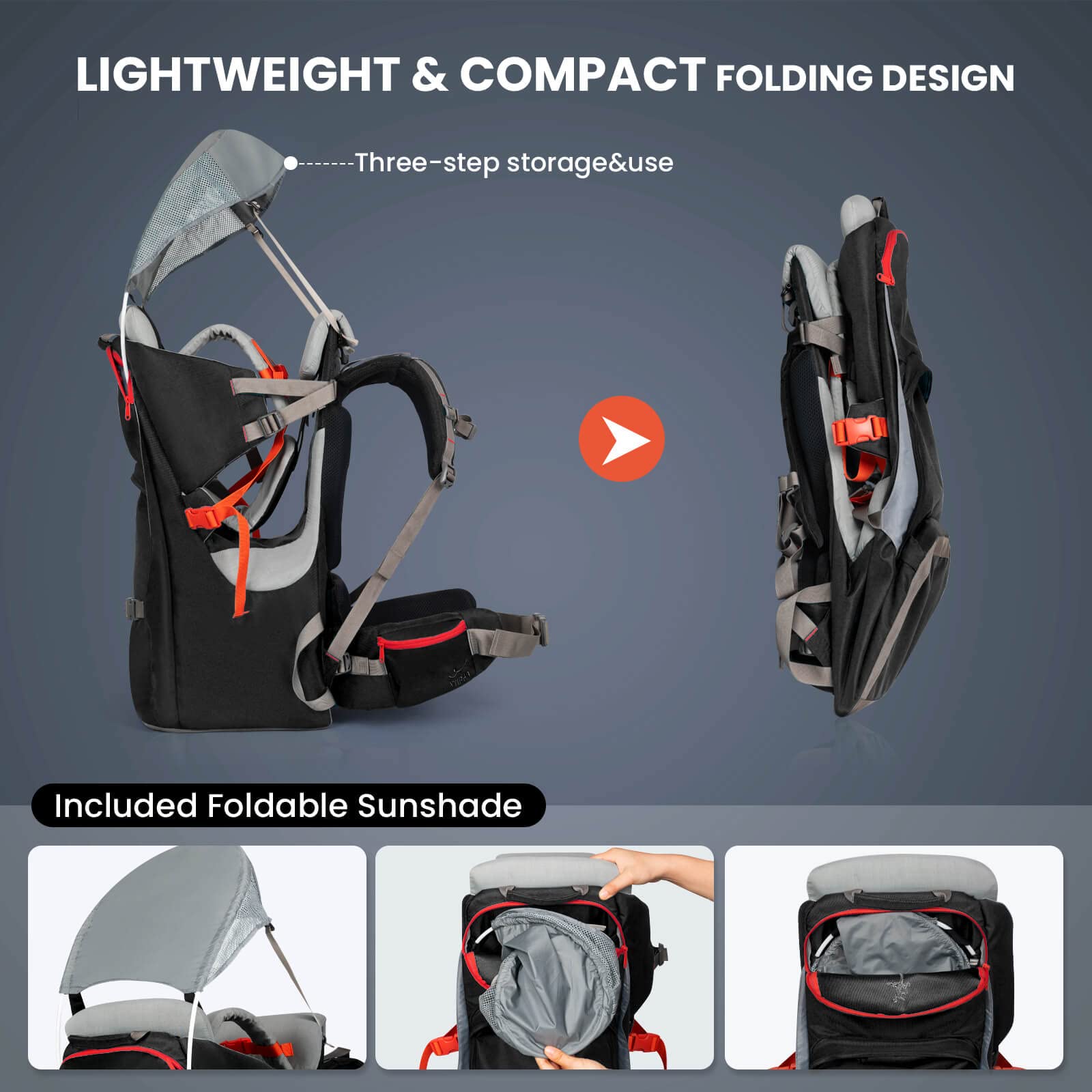 WIPHA Ergonomic Baby Backpack Carrier for Hiking - Adjustable Padded Child Seat with Sun Canopy, Large Storage & Insulated Pocket - Perfect for Outdoor Adventures, Traveling and Family Walks