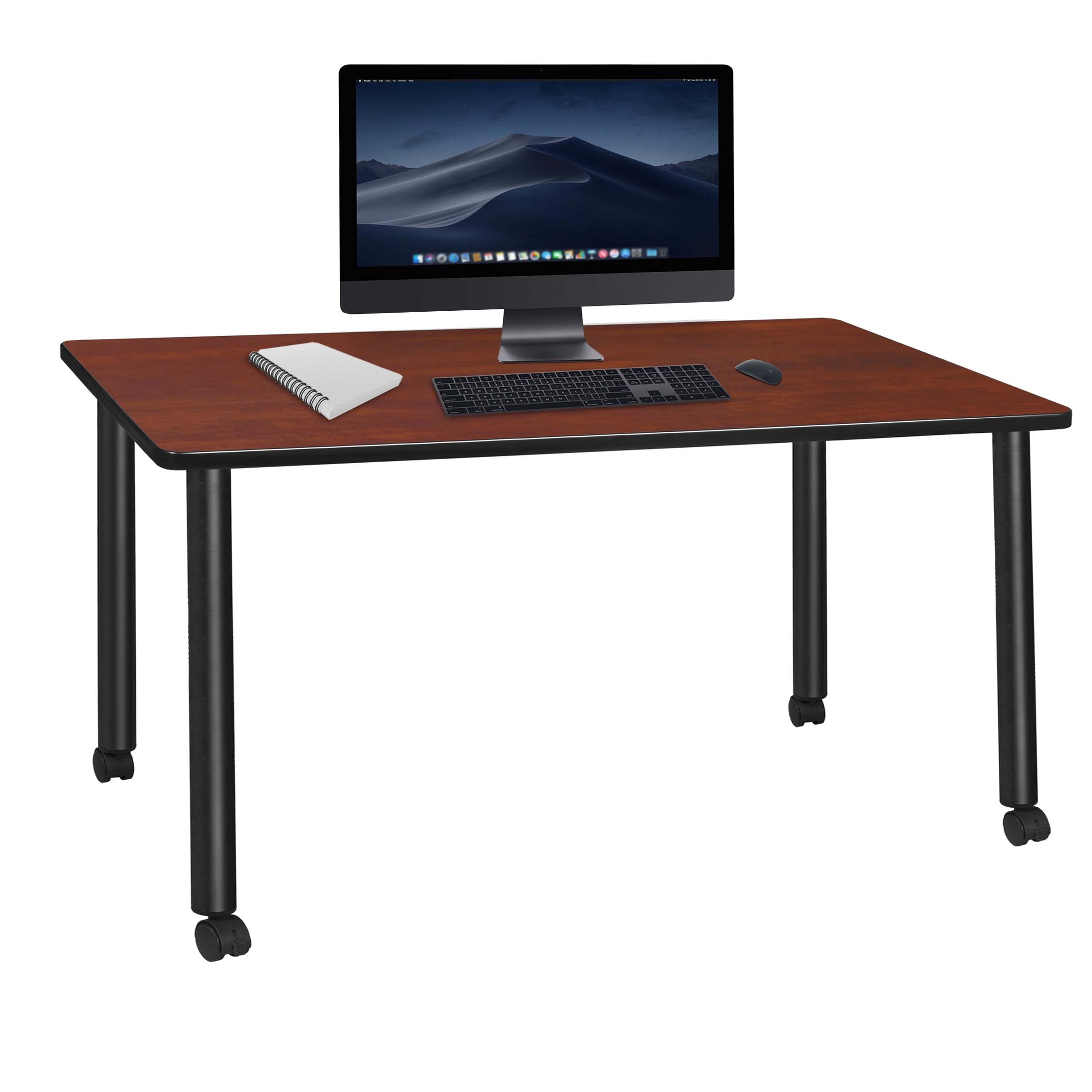 Regency Kee Mobile Desk Table - 66 Inch Cherry Wood Adjustable Rolling Laptop Desk for Home Office, Study, and Dorm Room Use