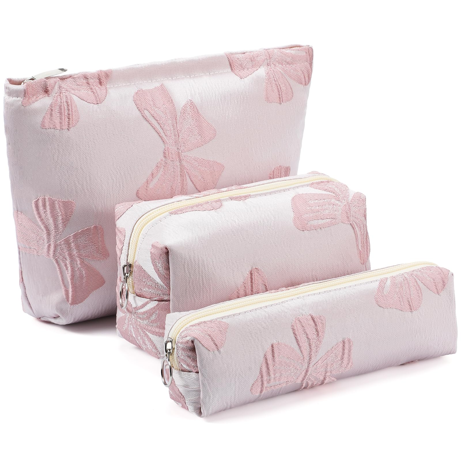 Reginary 3-Piece Pink Bow Makeup Bags Set - Cute Travel Cosmetic & Toiletry Organizer for Women (3 Sizes) - Perfect for Travel, Gym, and Daily Beauty Storage | Coquette Gift Accessories