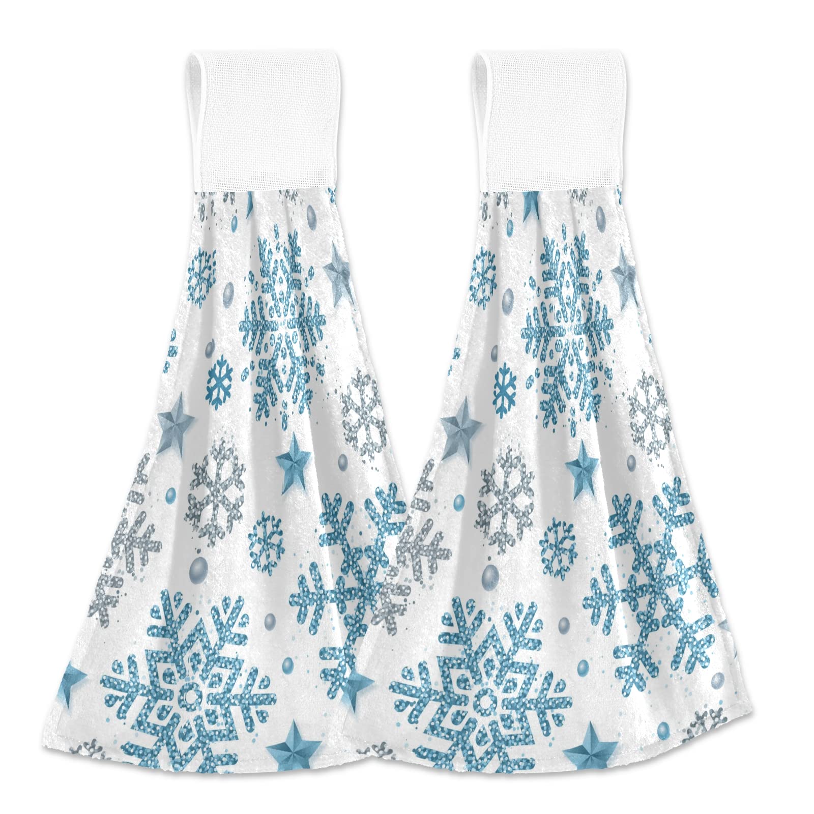 Christmas Silver & Blue Glitter Snowflake Star Hanging Kitchen Towels - 2 Pack Soft Absorbent Fast-Drying Hand & Dish Towels with Hook & Loop for Holiday Decor, Bathroom & Kitchen Cleaning