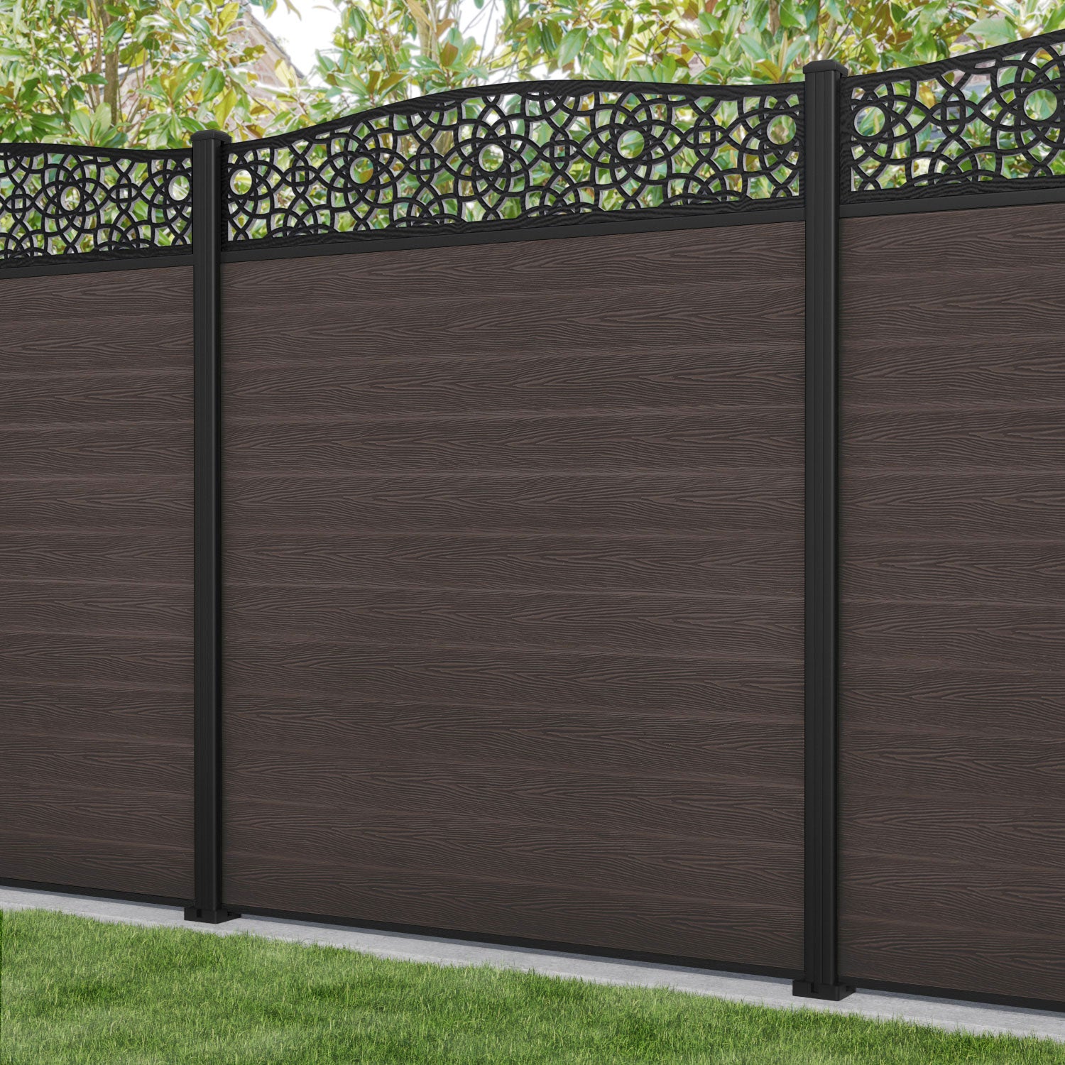 Classic Amber Curved Top Fence Panel - Mid Brown Wood Privacy Screen with Aluminum Posts | Outdoor Garden Fence, Backyard Boundary, and Patio Enclosure