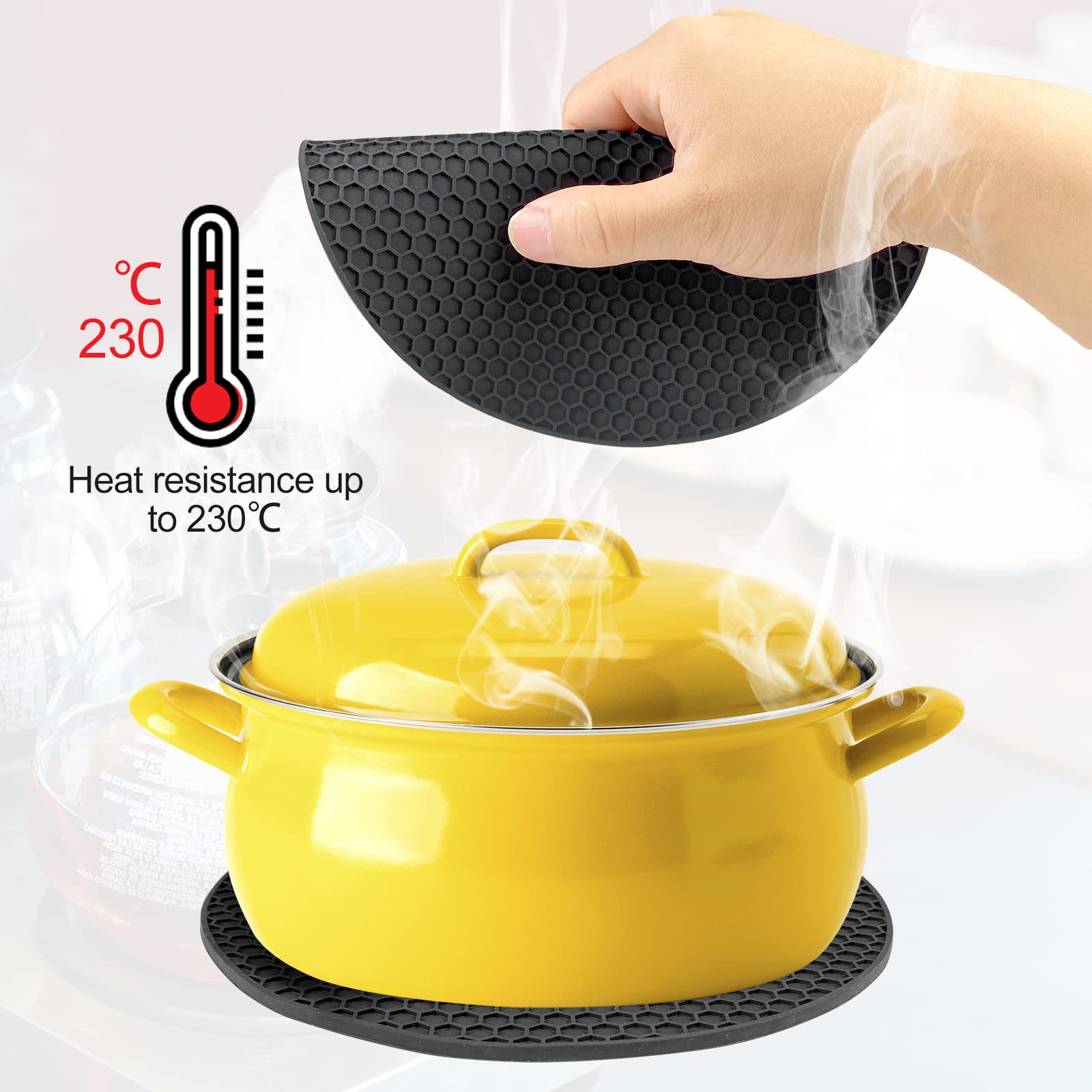 Uootach Set of 4 Round Silicone Pot Holders - Non-Slip, Heat Resistant, Waterproof Silicone Trivets for Pots, Pans, Teapots & Bowls (Black) - Perfect for Kitchen Countertops, Dining Tables & Outdoor Picnics