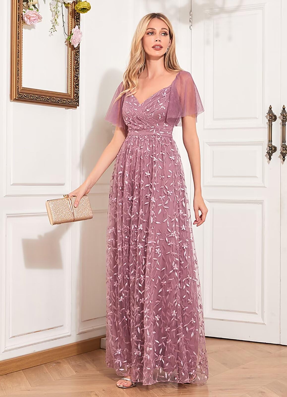 Elegant Lace Tulle Formal Evening Gowns for Women 2025 - Puffy Sleeve V-Neck A-Line Bridesmaid Dresses (Style NA74) | Perfect for Weddings, Proms & Special Occasions