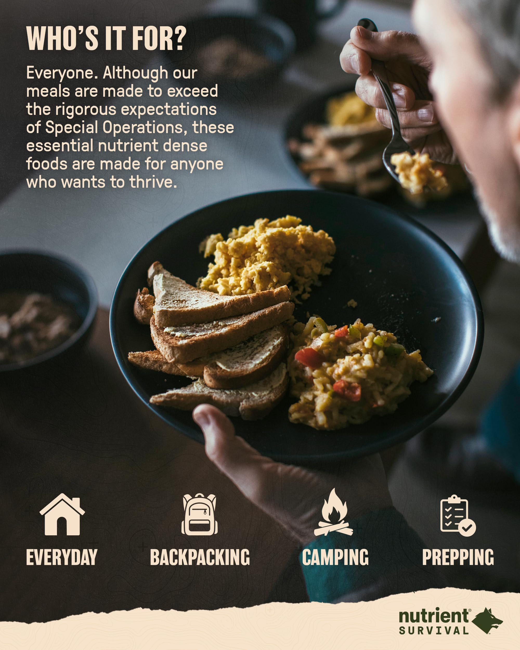 Nutrient Survival MRE Homestyle Scramble Eggs - Freeze Dried Ready-to-Eat Emergency Food (10 Servings) | 40 Essential Nutrients, 25 Year Shelf Life | Perfect for Camping, Hiking & Disaster Preparedness