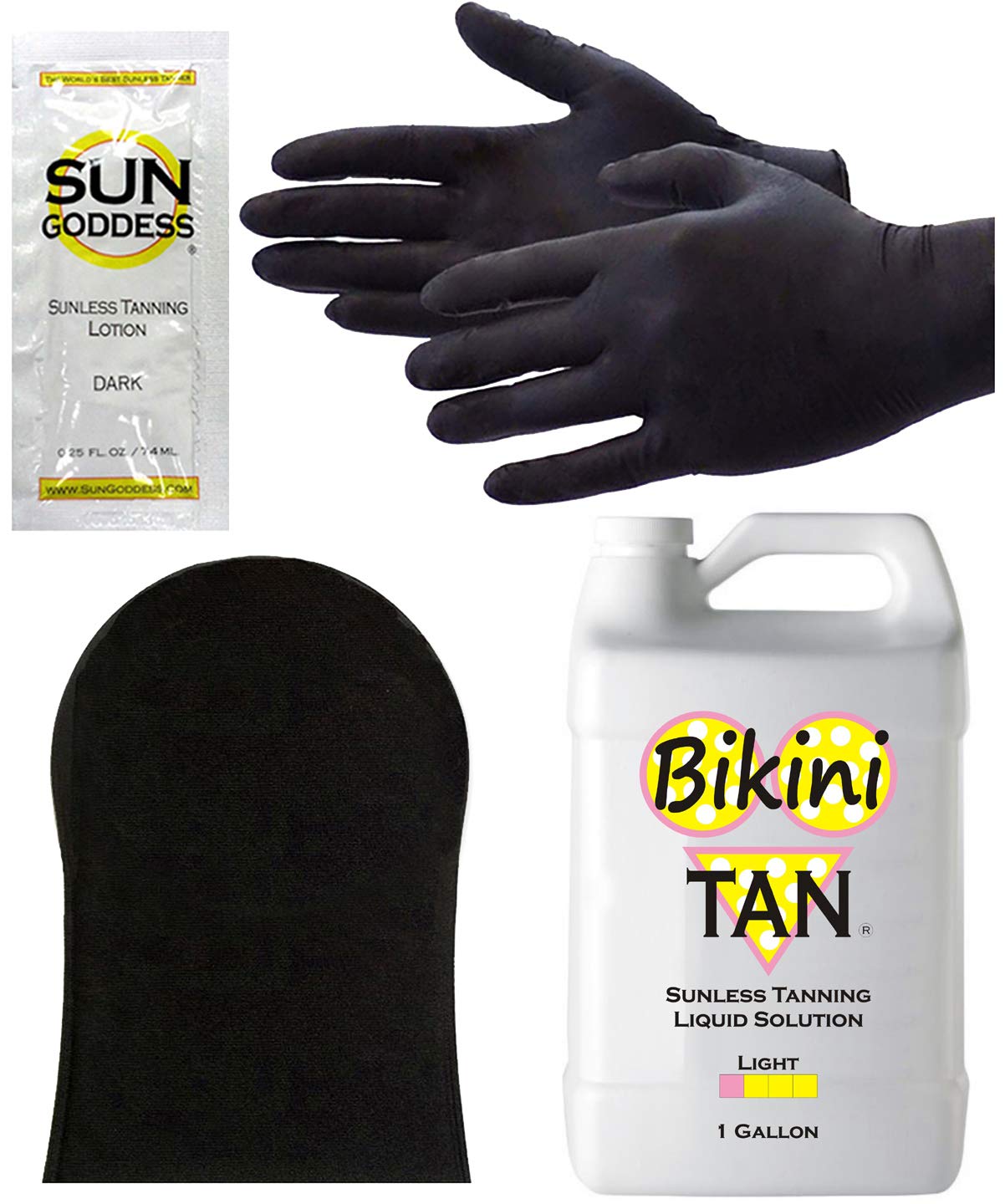 BIKINI TAN - Light Spray Tan Solution (1 Gallon) - Professional Sunless Self Tanning Liquid for Airbrush & HVLP Systems - Includes Applicator Mitt, Gloves & Fake Tanner Lotion Sample - Perfect for Spray Tanning Salons, Home Use & Professional Tanning Services
