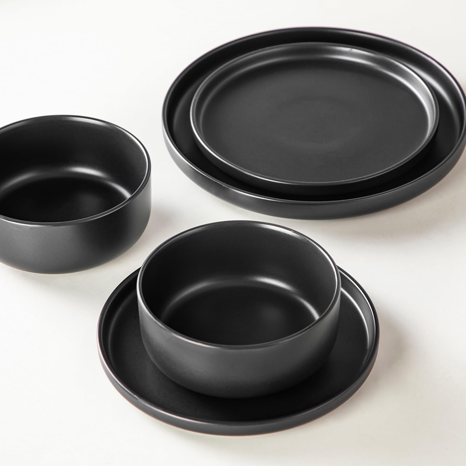 Vancasso PLAYA Series 24-Piece Black Stoneware Dinner Set - Matte Plates & Bowls for 6 People (6 Dinner Plates, 6 Dessert Plates, 6 Soup Bowls, 6 Cereal Bowls) - Elegant Tableware for Restaurants, Weddings & Family Dining