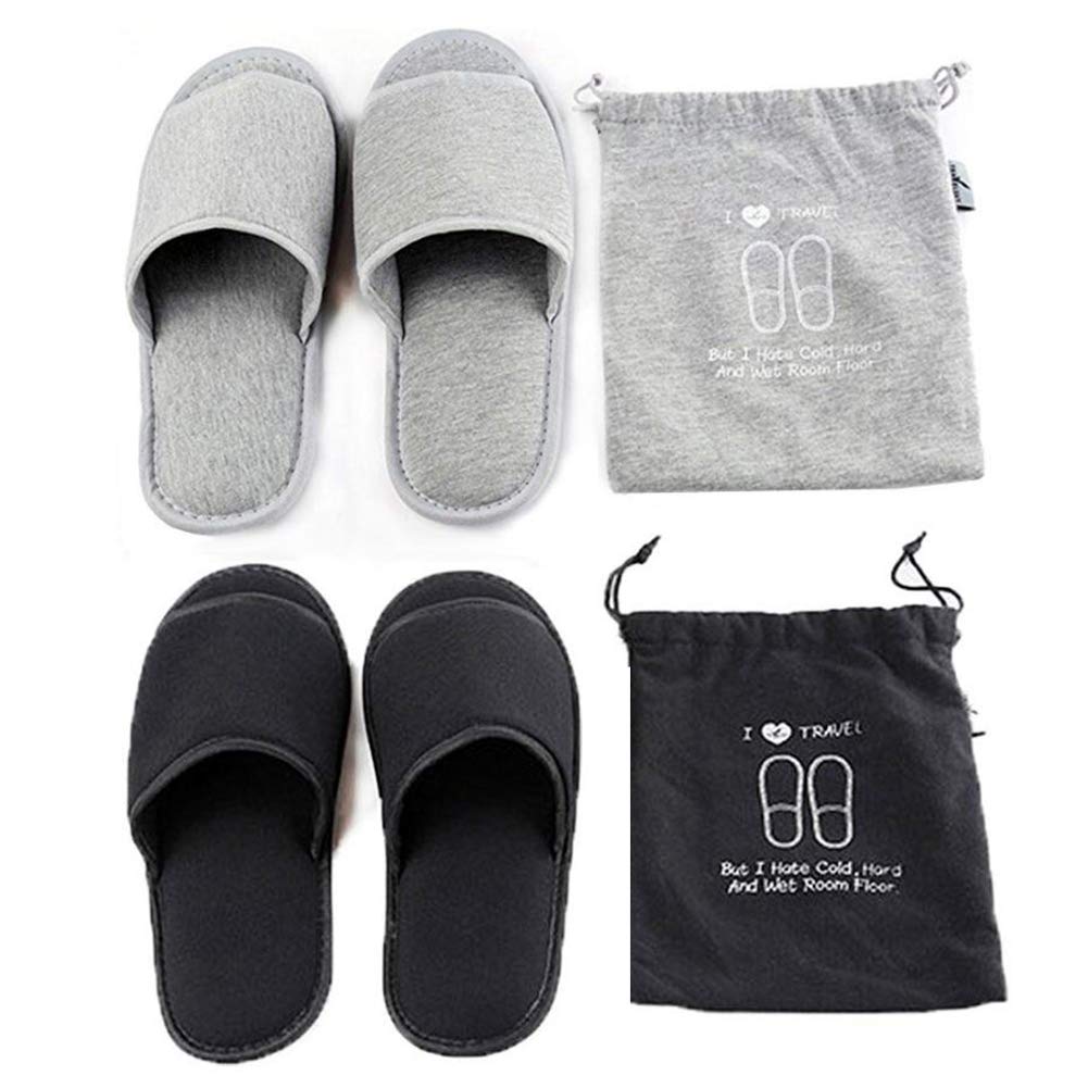 Portable Foldable Travel Slippers - Open Toe Cotton Hotel & Spa Slippers for Men & Women | Non-Disposable Guest House Shoes with Pouch | Perfect for Business Trips, Flights & Indoor Use | Anti-Skid Comfortable Footwear