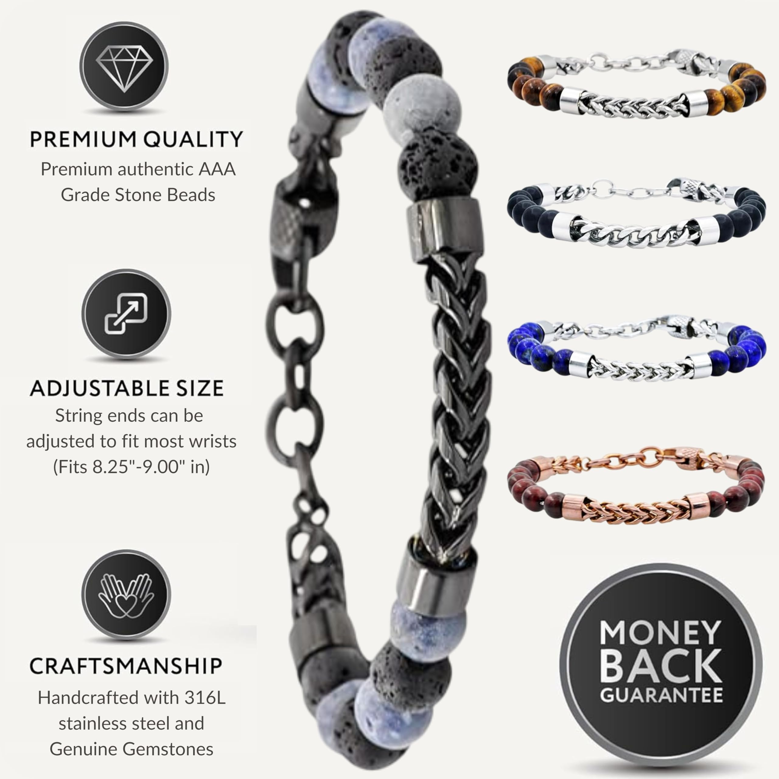Men's Stainless Steel Franco Link Bracelet with Genuine Gemstone Beads | Blackjack Jewelry | Perfect for Casual Wear, Gifts & Special Occasions