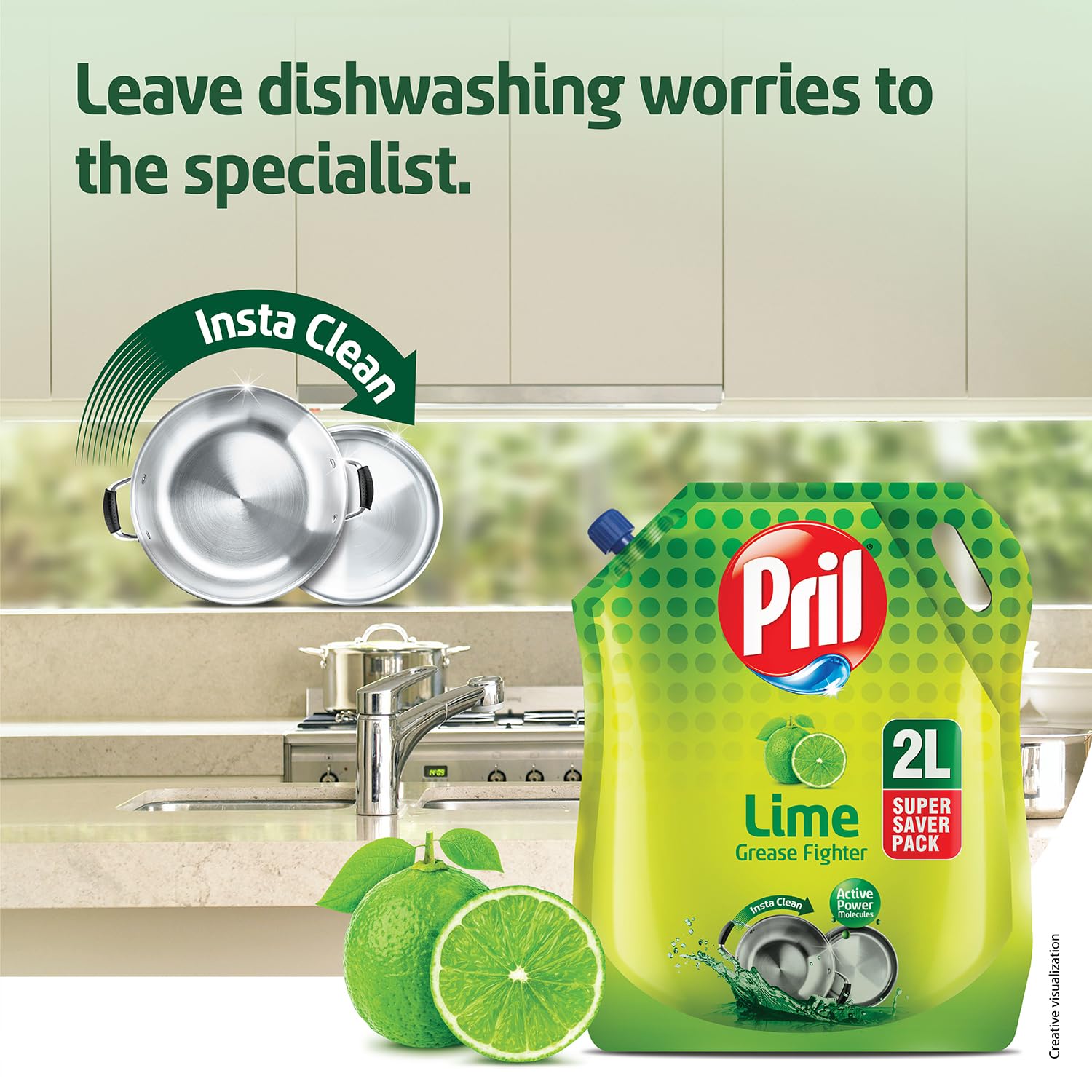 Pril Lime Liquid Dishwashing Gel - 2 Liter Pouch | Powerful Grease Cutting Dish Soap with German Technology | No Residue Formula for Pots, Pans & All Kitchen Utensils | Perfect for Daily Dishwashing & Tough Grease Removal