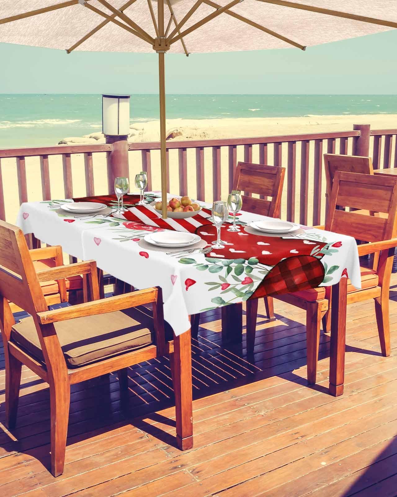Valentine's Day Waterproof Outdoor Tablecloth with Umbrella Hole & Zipper - 60x84 Inch Rectangle Red Heart Eucalyptus Leaf Design - Perfect for Picnics, Parties, and Patio Dining