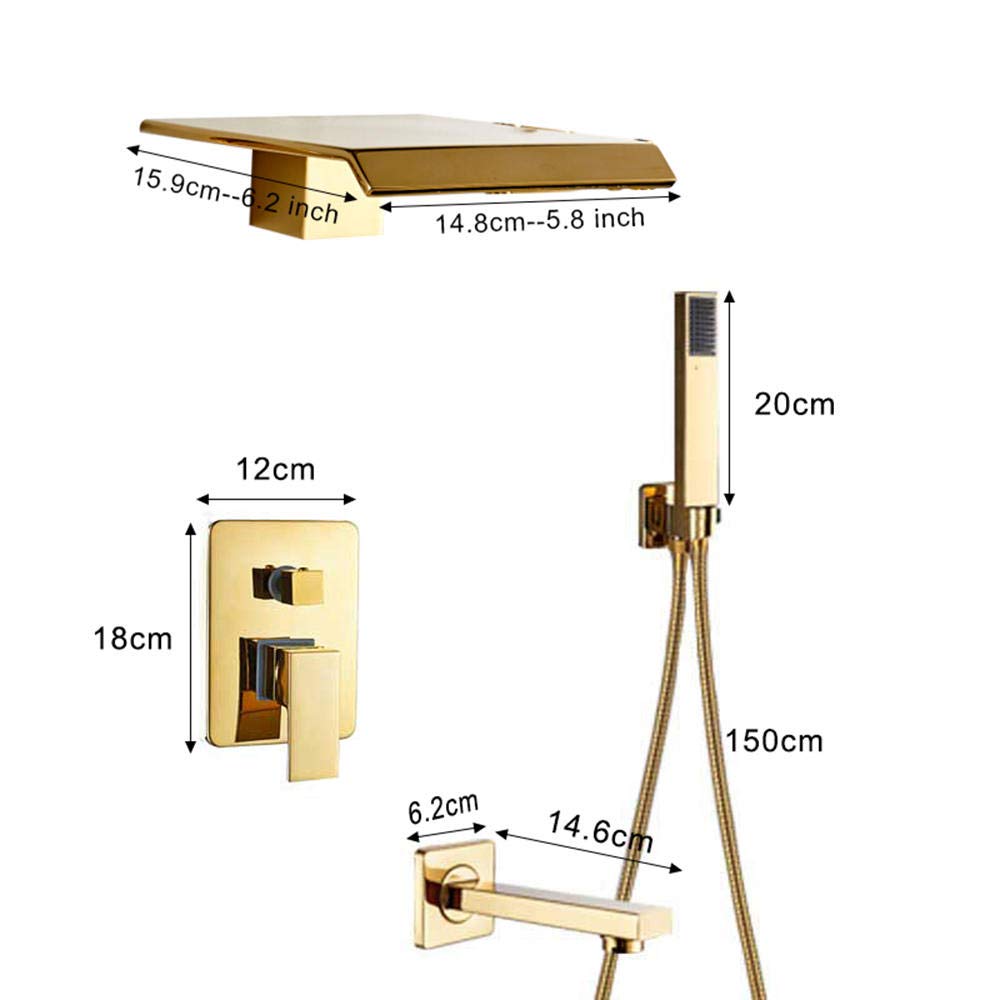 Golden Waterfall Shower Faucet Set - Wall Mounted Bathroom Mixer Tap with Hand Shower - Modern Matte Black Bathroom Fixture for Spa-Like Shower Experience