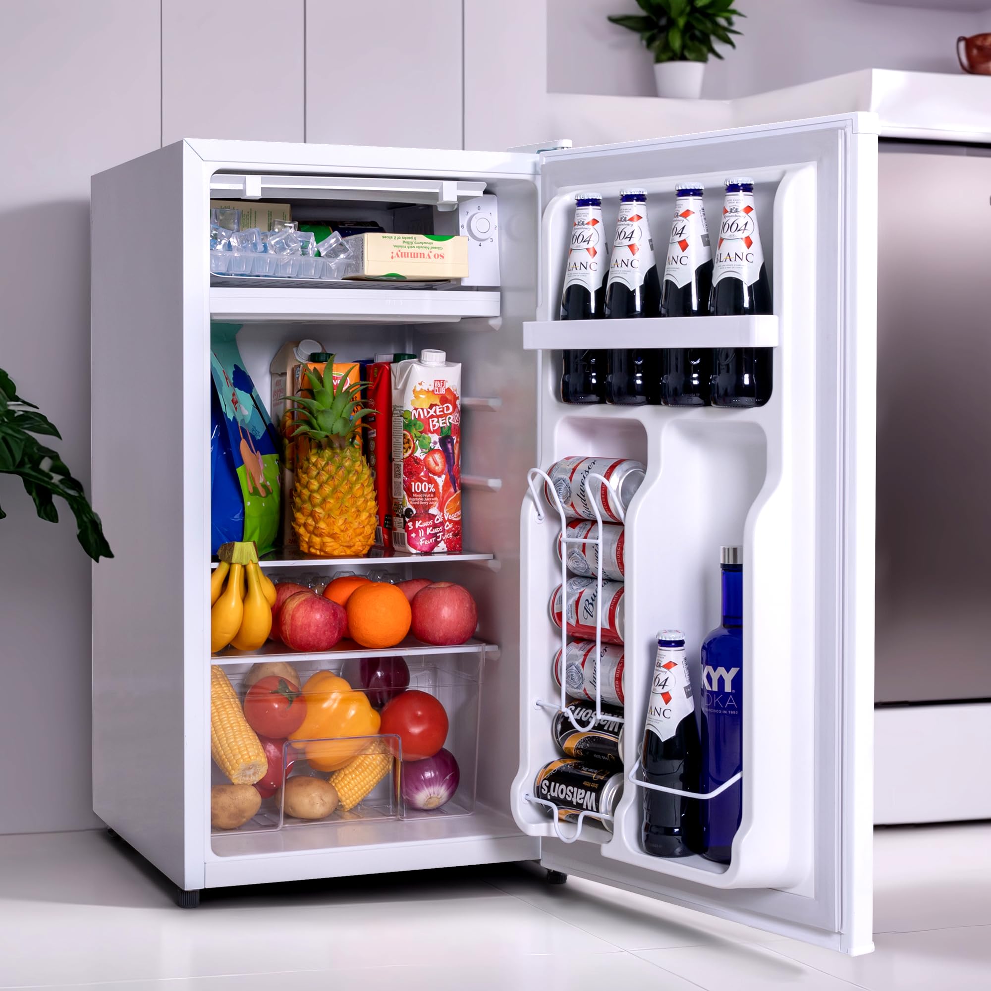 3.2 Cu.Ft Compact Refrigerator with Freezer - Energy Efficient, Low Noise Mini Fridge with Reversible Door - Perfect for Dorm, Bedroom, Office & Apartment - Stylish White Design for Small Spaces
