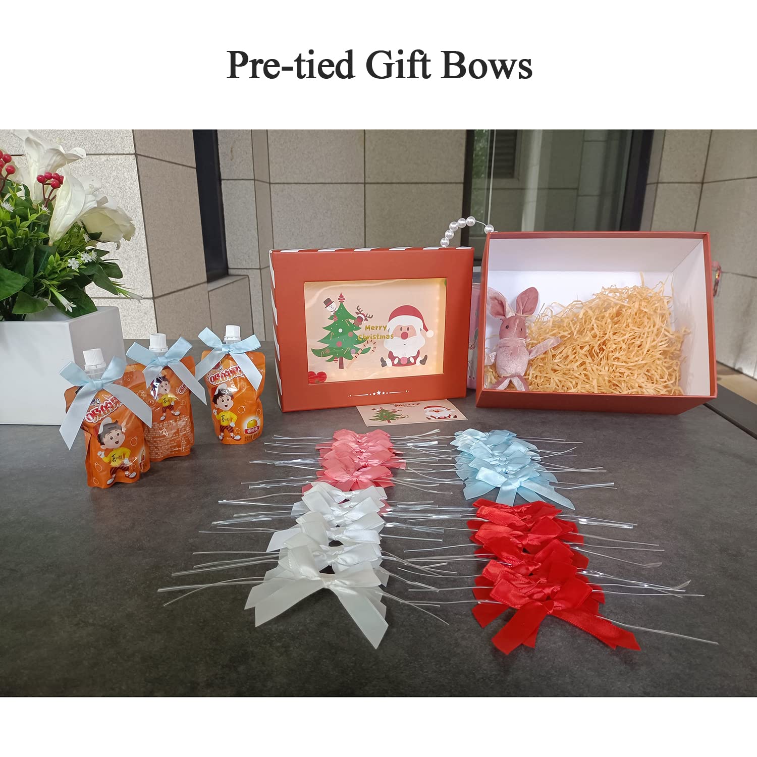 100 Pack Blue Pre-Tied Satin Twist Tie Bows for Christmas Treat Bags, Candy & Apple Packaging, DIY Decorations – Perfect for Holiday Gifts, Party Favors & Craft Projects