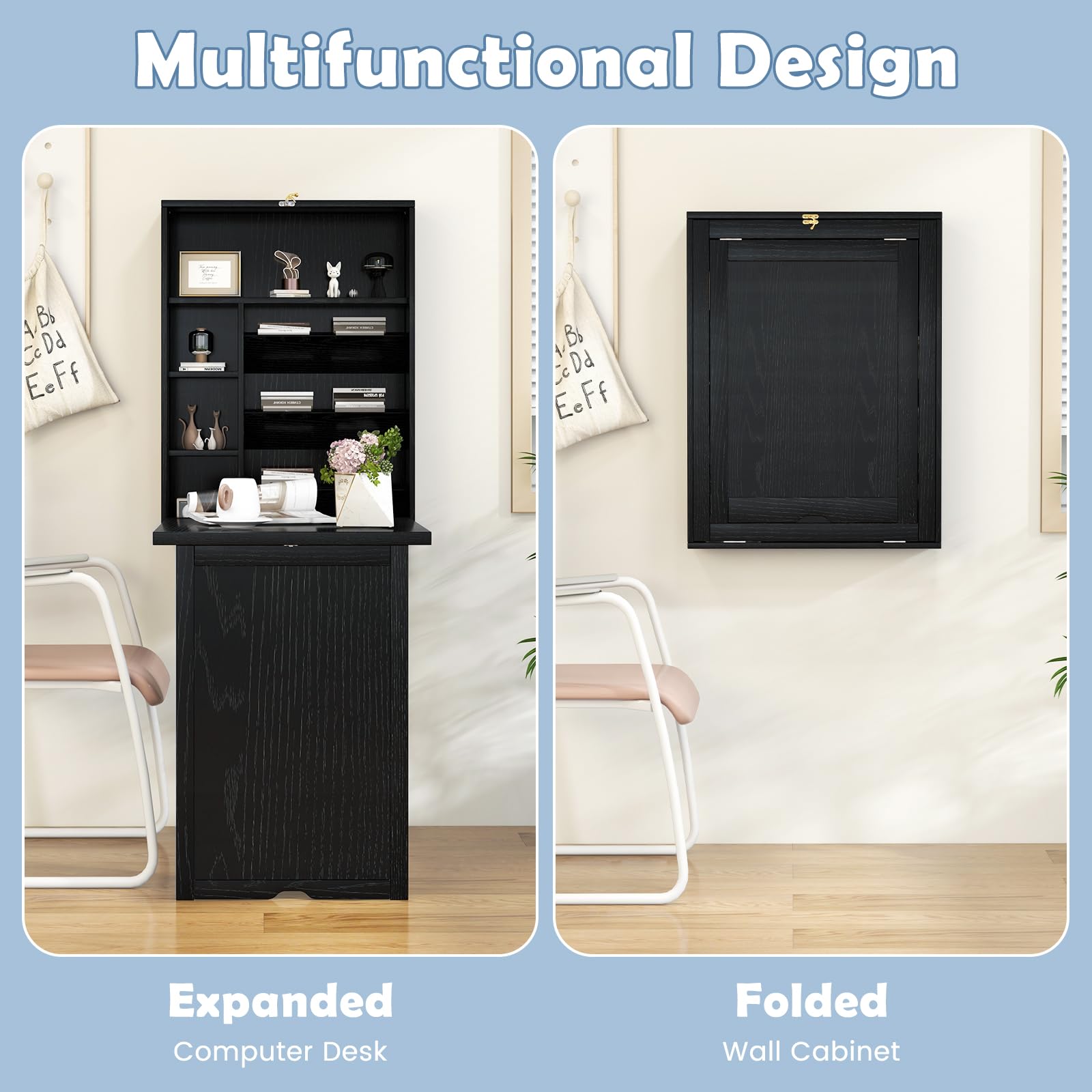 Tangkula Foldable Wall Mounted Desk with Storage Shelves & Hooks - Space Saving Floating Murphy Desk for Small Spaces, Home Office, Dorm Room - Perfect for Work, Study & Crafting in Compact Areas