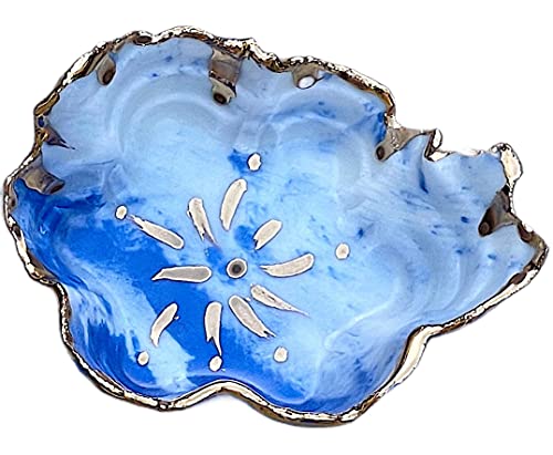 Handmade White Blue Gold Marbled Ring Dish - Ceramic Jewelry Bowl for Rings, Earrings & Trinkets - Elegant Home Decor & Wedding Gift Idea