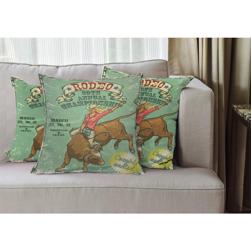 EKOBLA Rodeo Cowgirl Throw Pillow Cover - 18x18 Inch Cotton Linen Square Cushion Case for Farm Ranch Decor | Western Bull Riding Championship Theme | Perfect for Living Room, Bedroom & Cowboy-Themed Home Decor