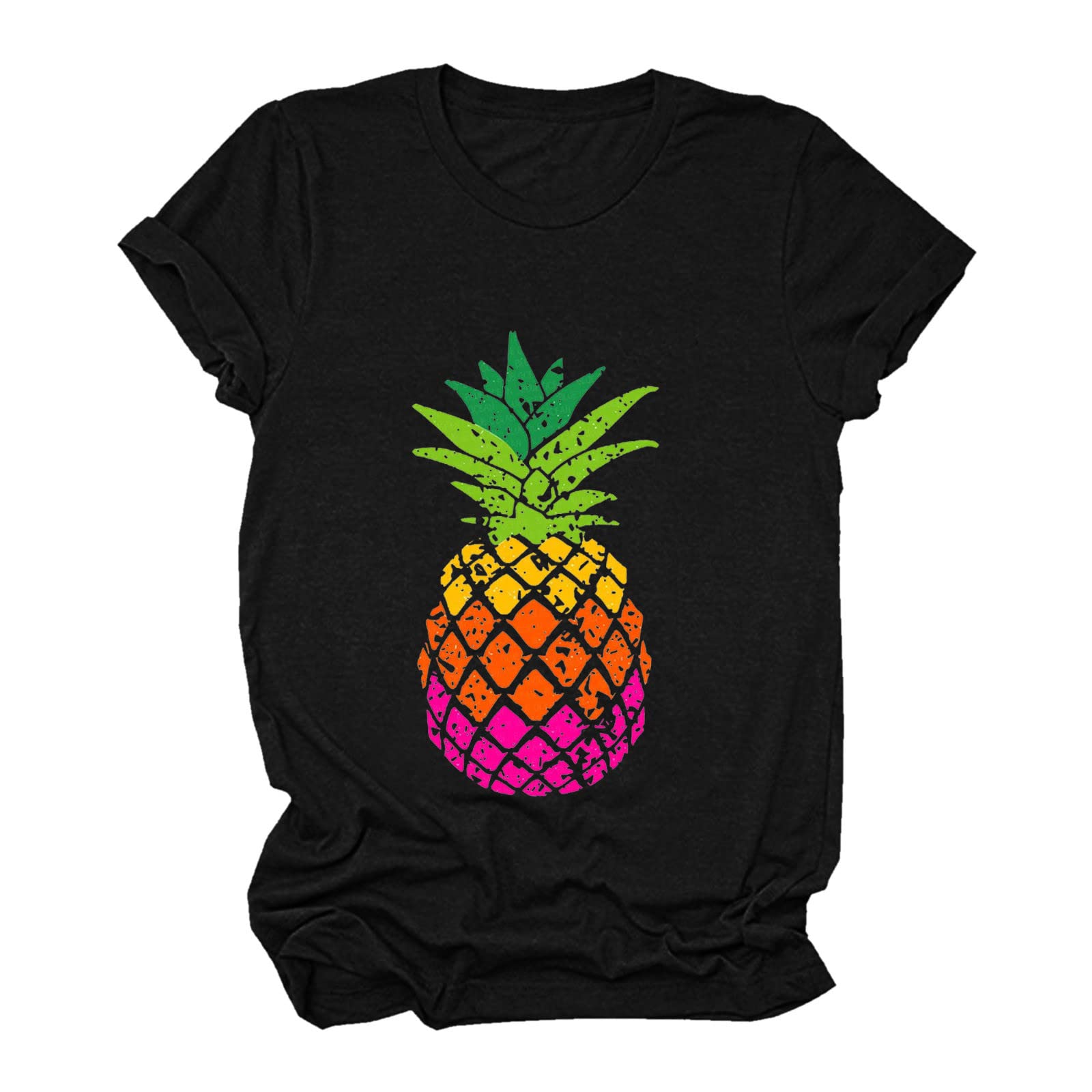 Black Women's Casual Pineapple Print T-Shirt - Round Neck Short Sleeve Cotton Spandex Top | Perfect for Summer Outfits, Beach Vacations & Casual Wear