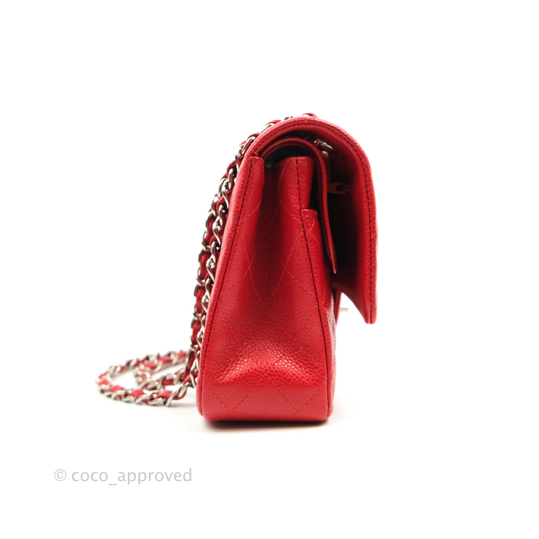 Chanel Classic Medium Double Flap Bag in Red Caviar Leather with Silver Hardware - Perfect for Work, Evening Events & Luxury Gift Giving