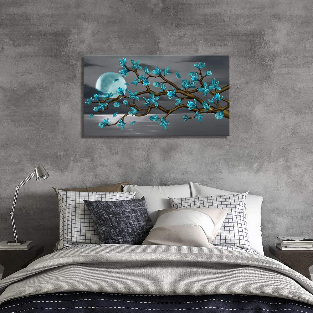 Turquoise Magnolia Blossom & Full Moon Canvas Wall Art - Framed Floral Painting (20x36 inches) for Bedroom & Living Room Decor | Modern Home & Office Wall Decor